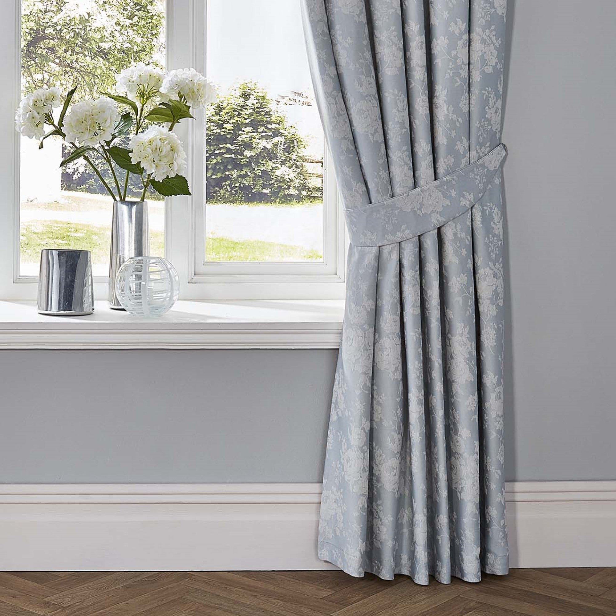 Pair of Pencil Pleat Curtains With Tie-Backs Imelda by Dreams & Drapes Woven in Duck Egg