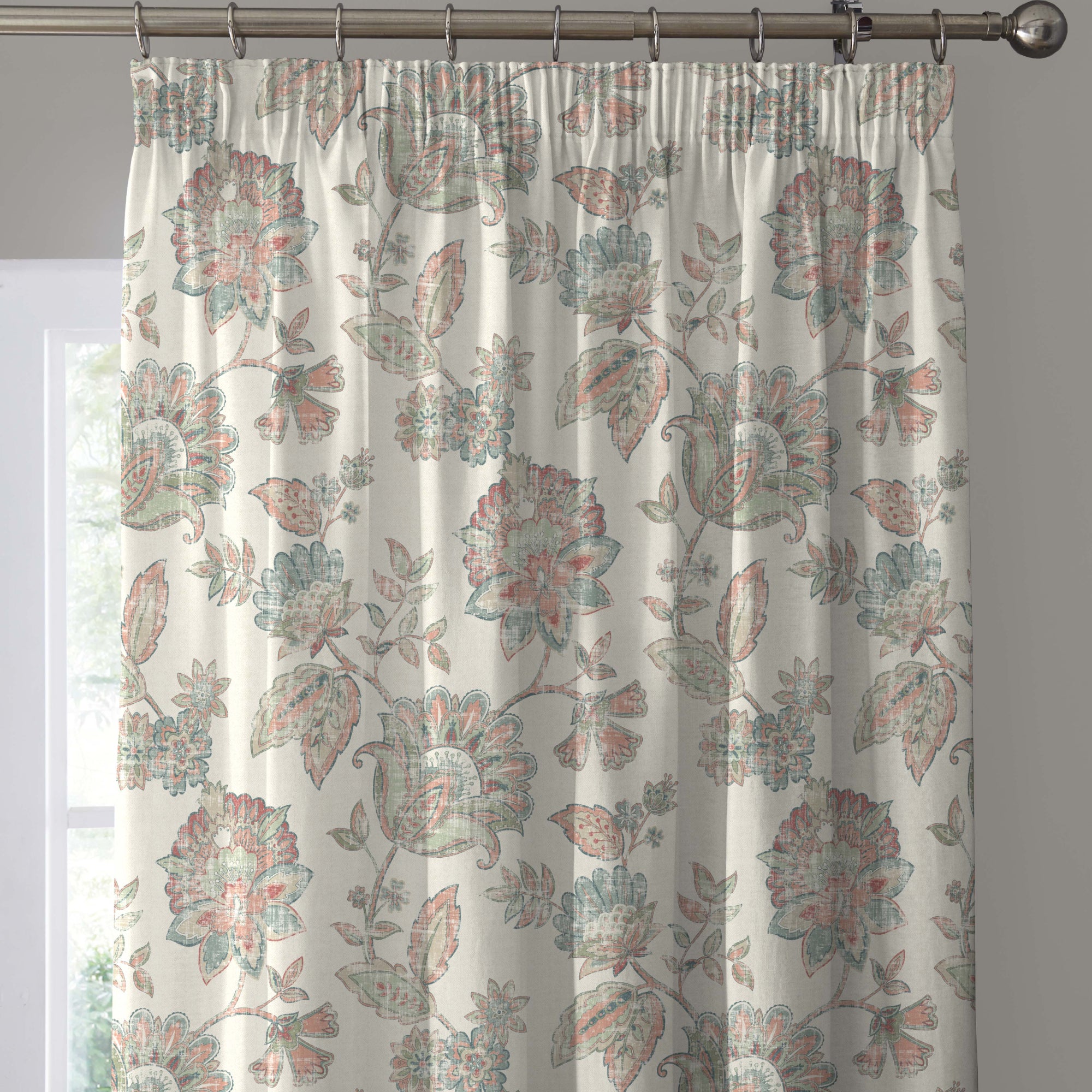 Pair of Pencil Pleat Curtains With Tie-Backs Indira by Dreams & Drapes Curtains in Coral/Natural