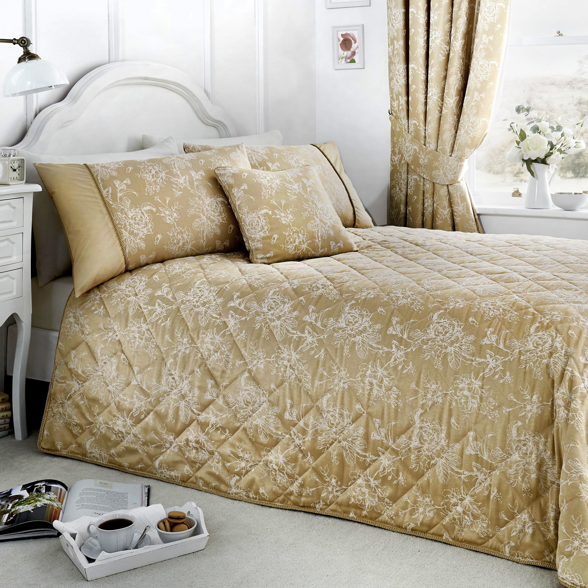 Jasmine - Damask Easy Care Bedding Set, Curtains & Cushions in Champagne - by D&D Woven