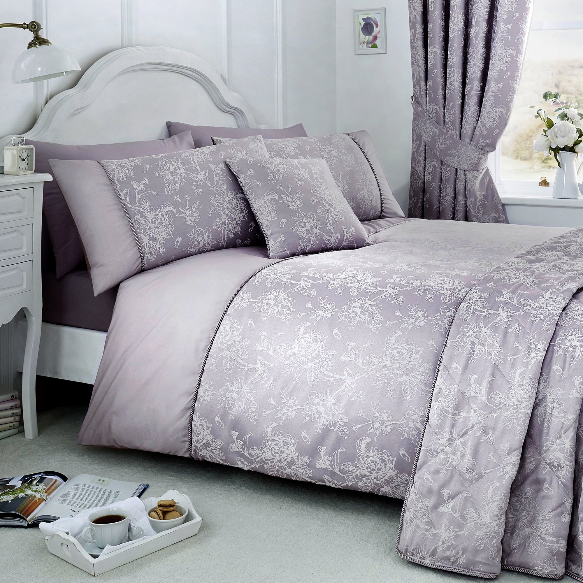 Jasmine - Damask Easy Care Bedding Set, Curtains & Cushions in Lavender - by D&D Woven