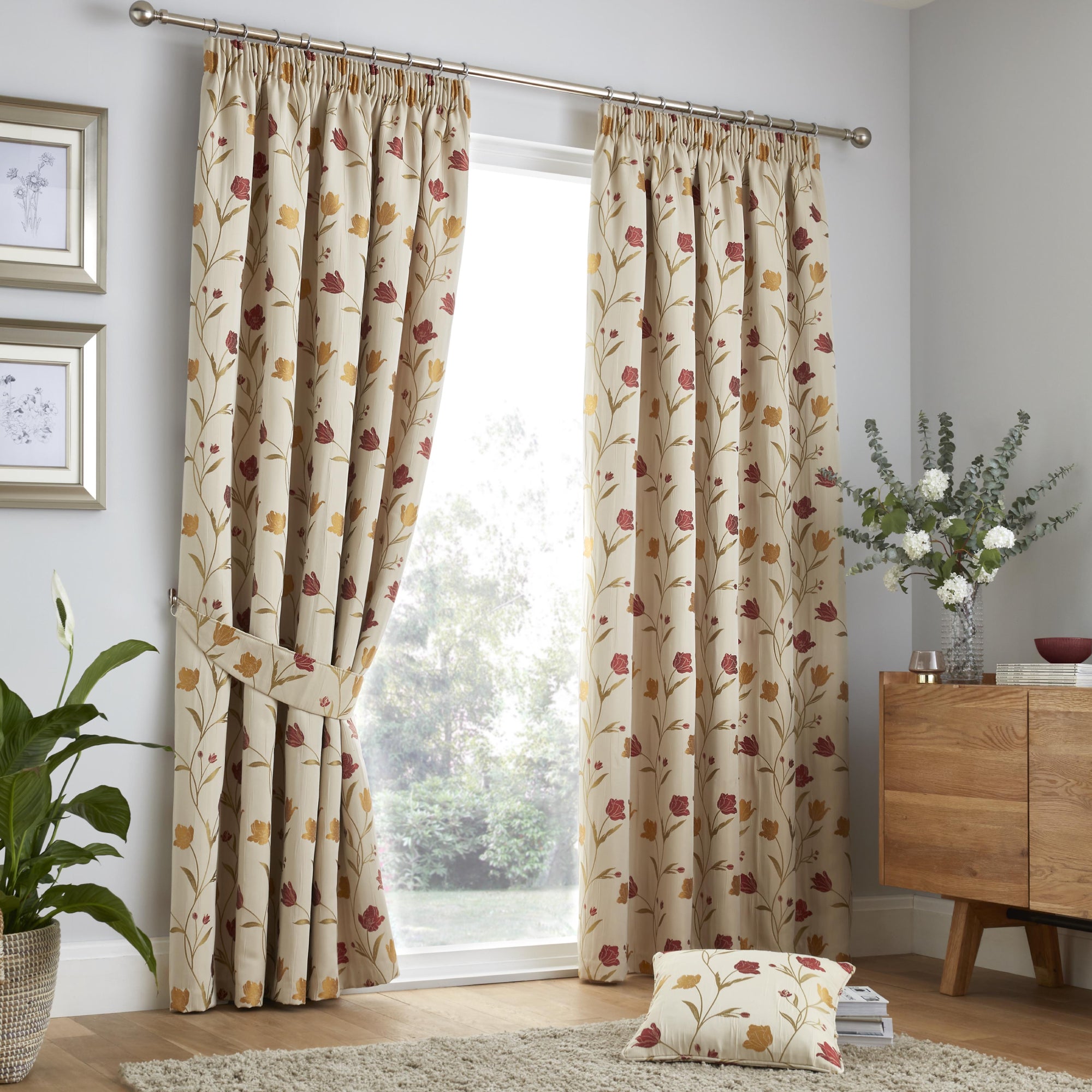 Pair of Pencil Pleat Curtains Juliette by Curtina in Natural & Red