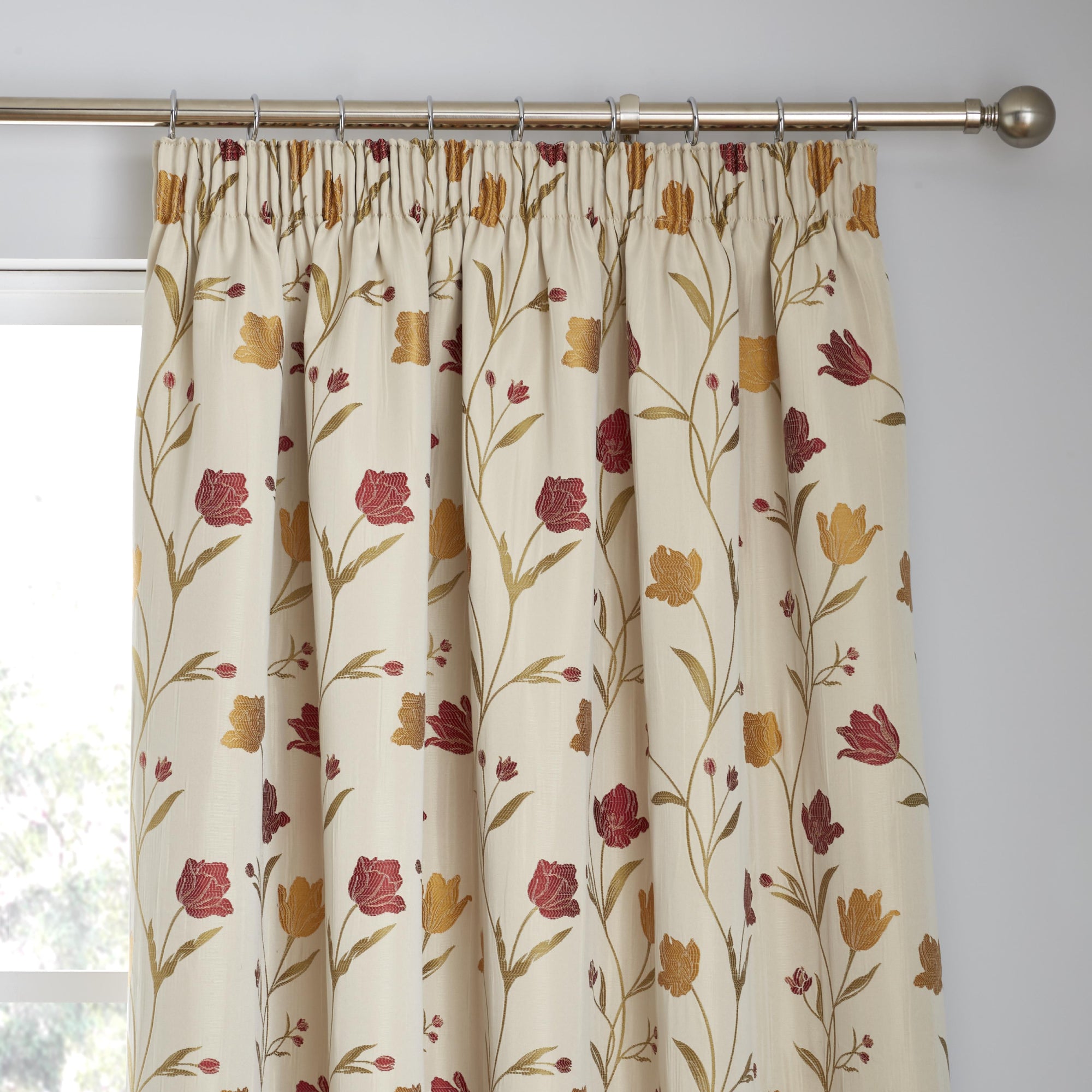 Pair of Pencil Pleat Curtains Juliette by Curtina in Natural & Red