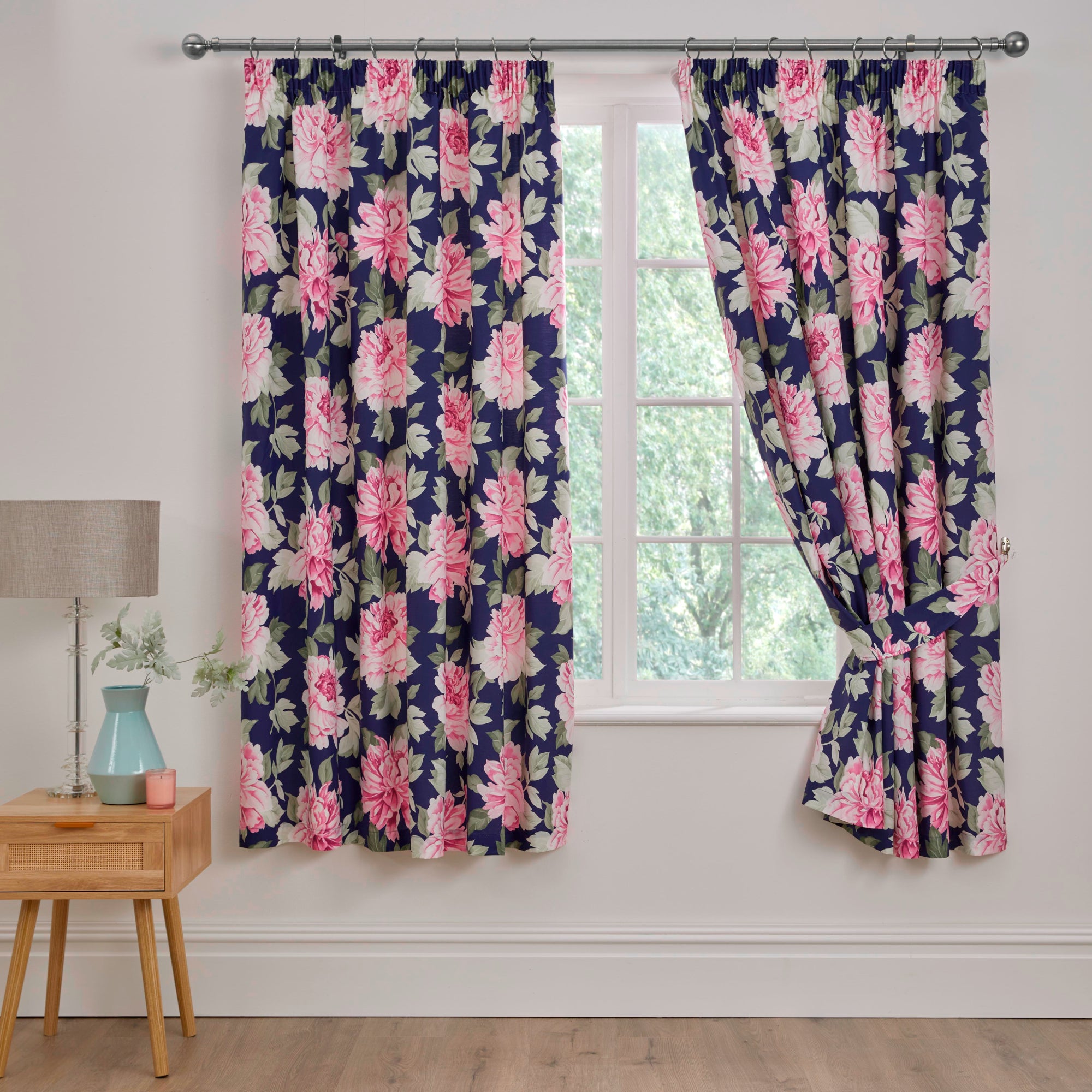Pair of Pencil Pleat Curtains With Tie-Backs Kirsten by Dreams And Drapes Design in Pink/Blue