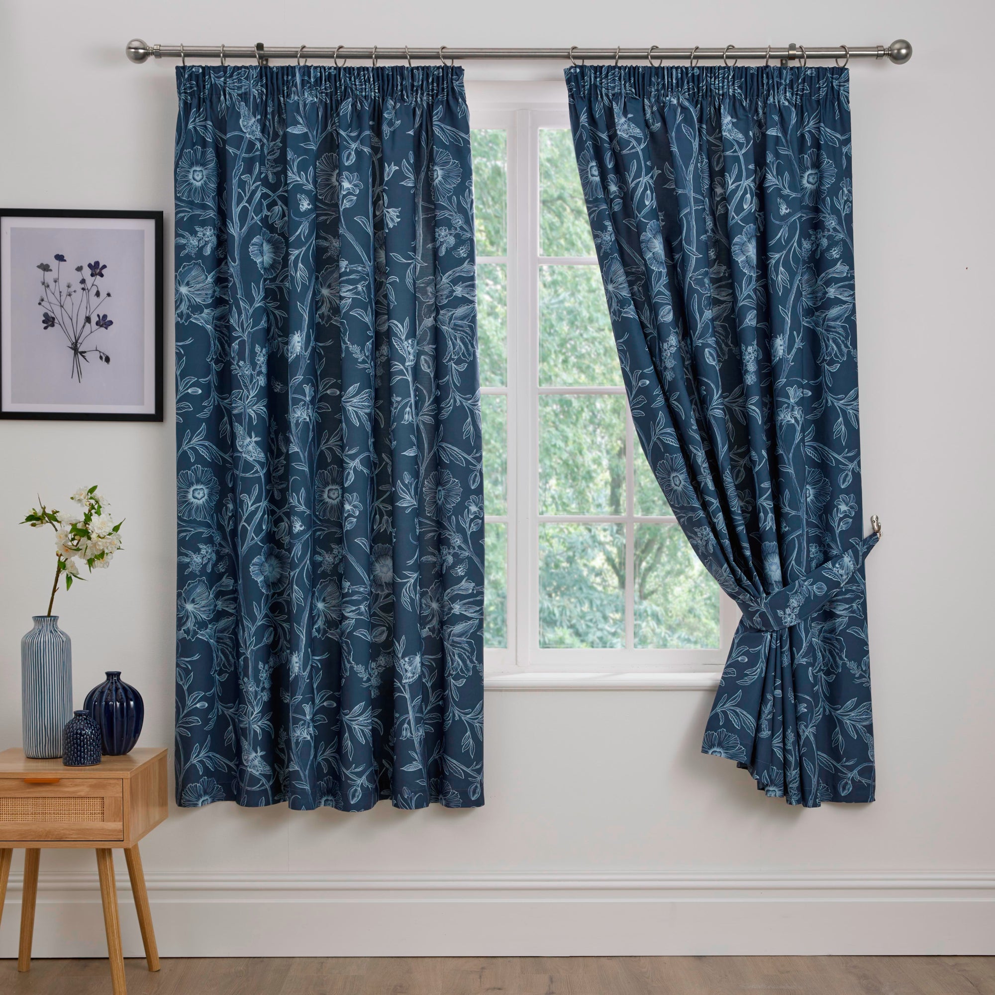 Pair of Pencil Pleat Curtains With Tie-Backs Lorie by Dreams And Drapes Design in Blue