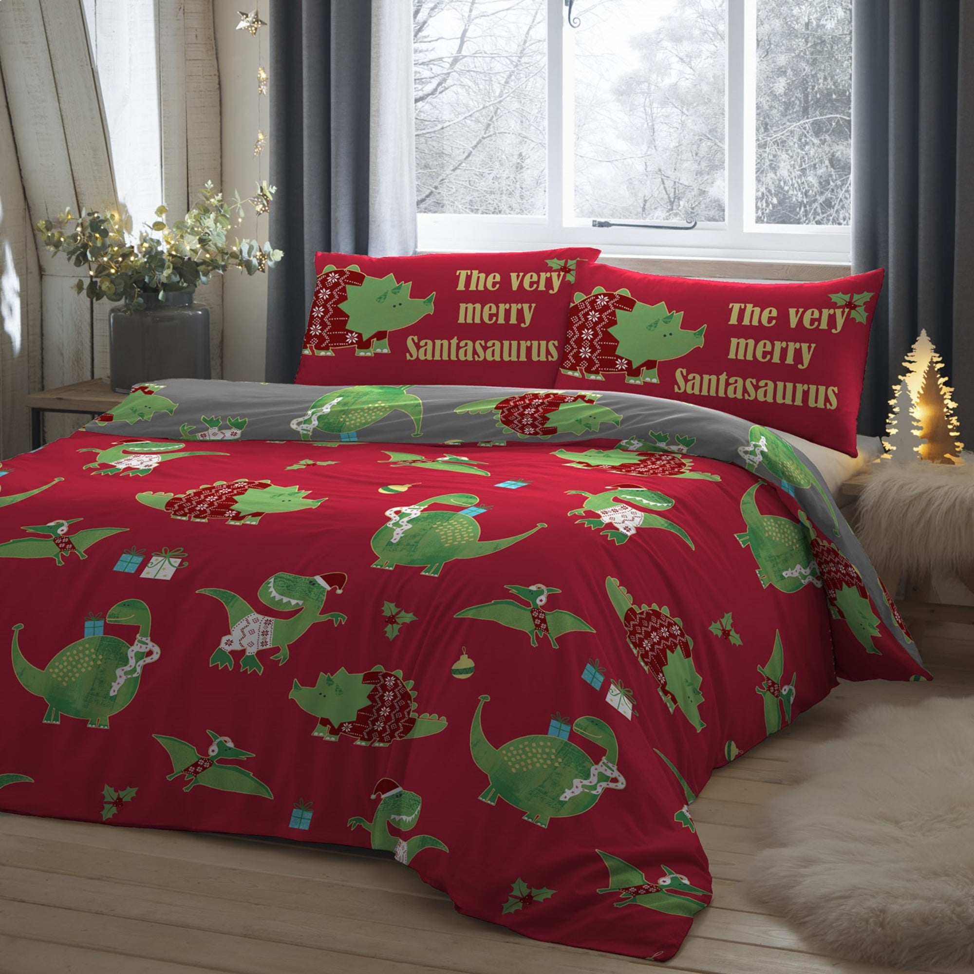 Duvet Cover Set Santasaurus by Bedlam Christmas in Red