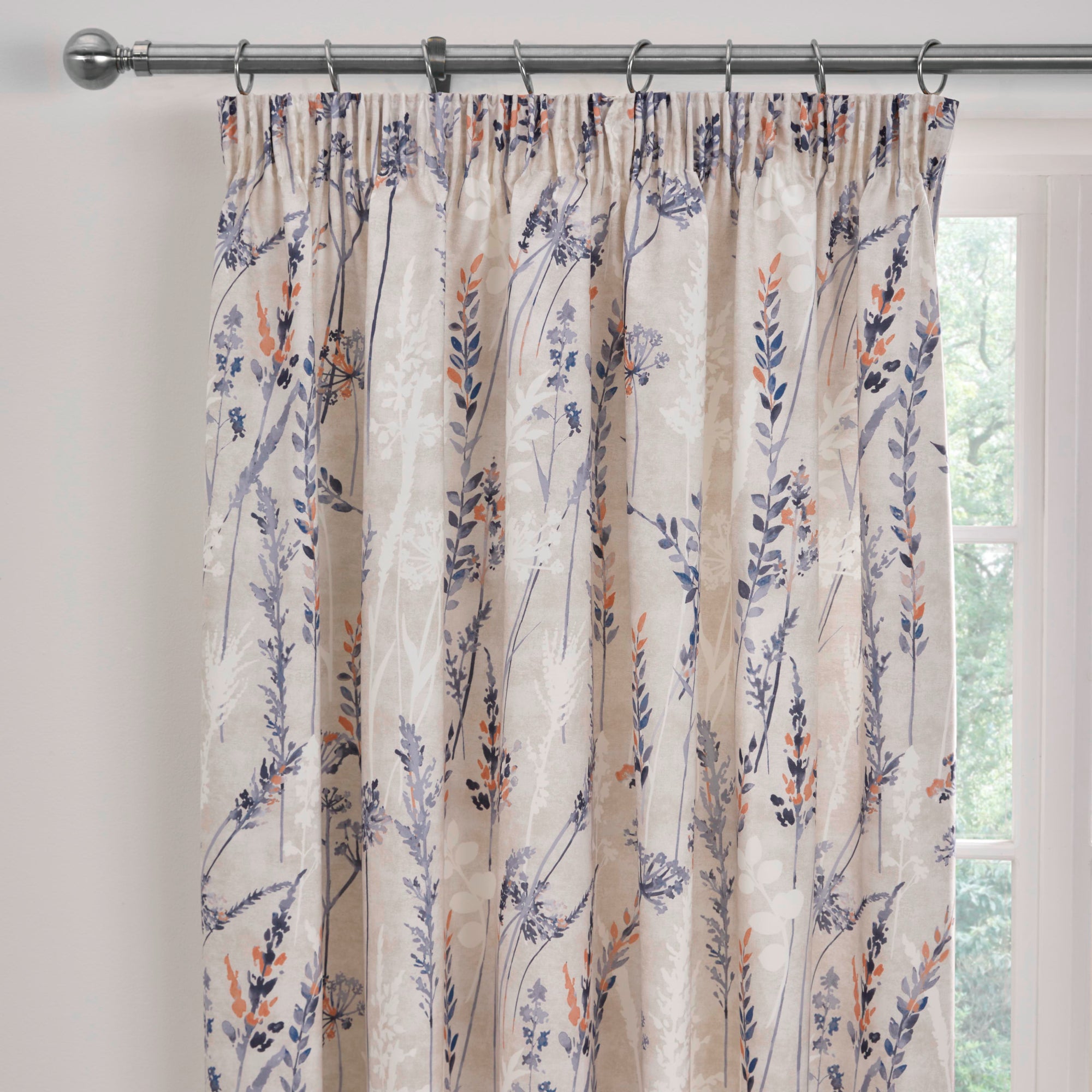 Pair of Pencil Pleat Curtains With Tie-Backs Wild Stems by Dreams And Drapes Design in Blue