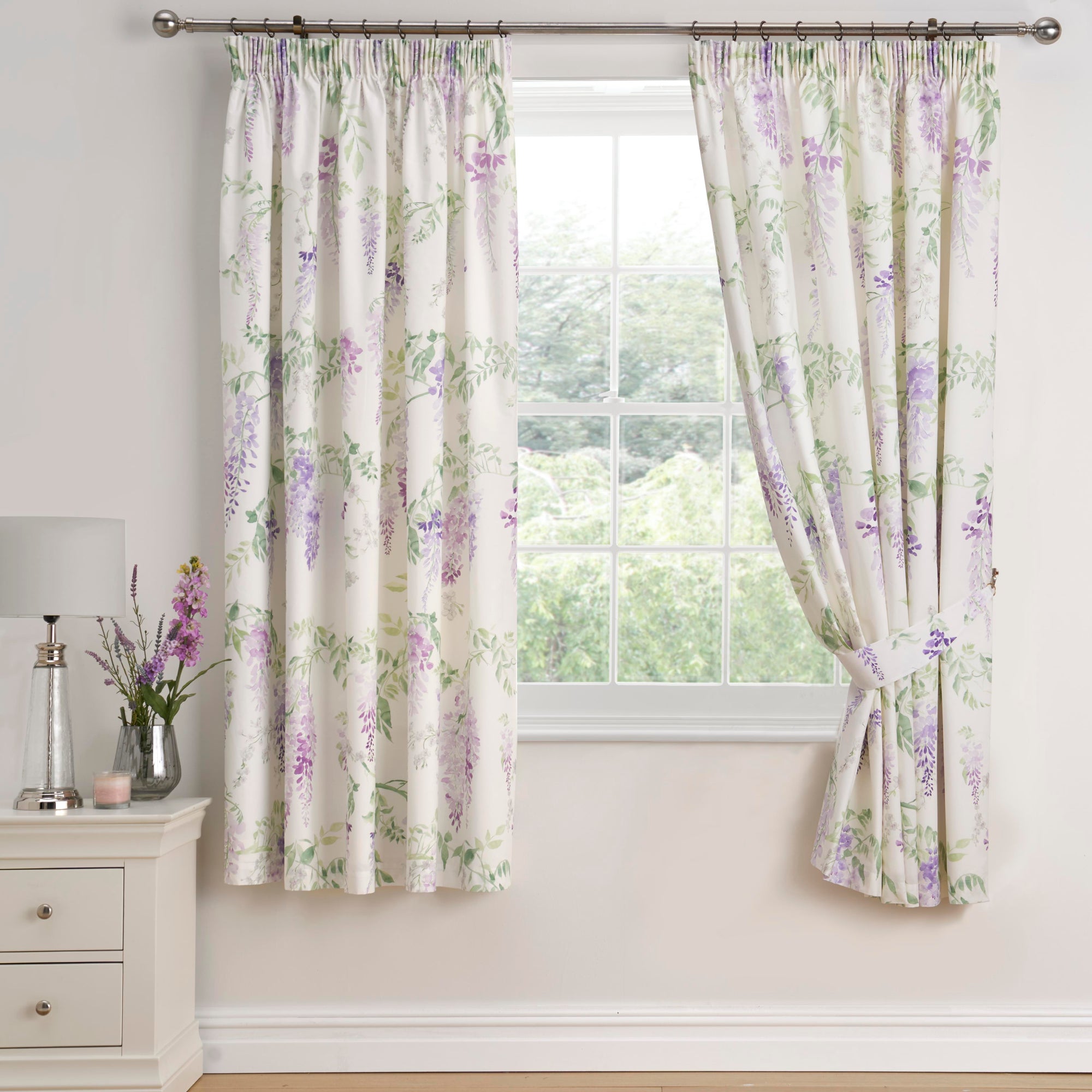 Pair of Pencil Pleat Curtains With Tie-Backs Wisteria by Dreams & Drapes Design in Lilac