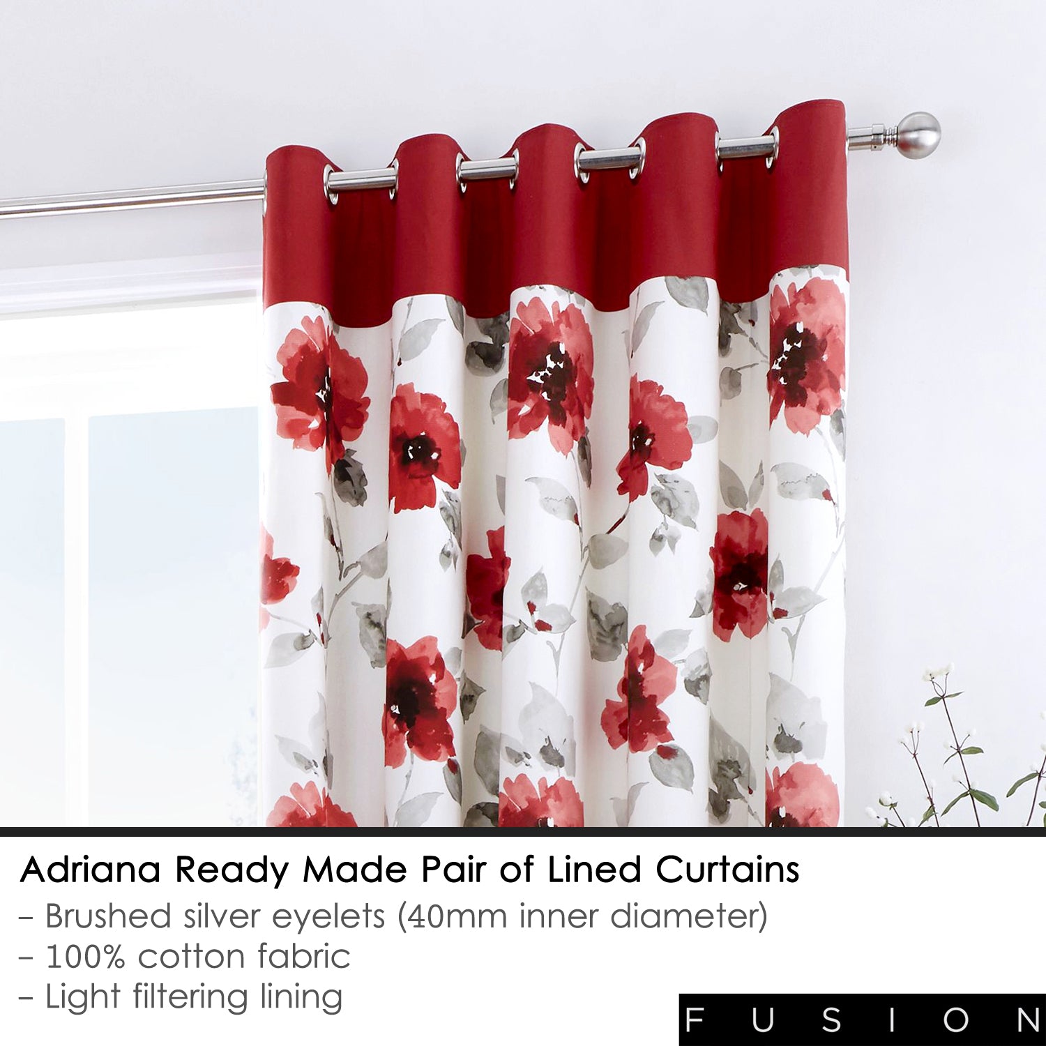 Adriana - 100% Cotton Lined Eyelet Curtains in Red- by Fusion