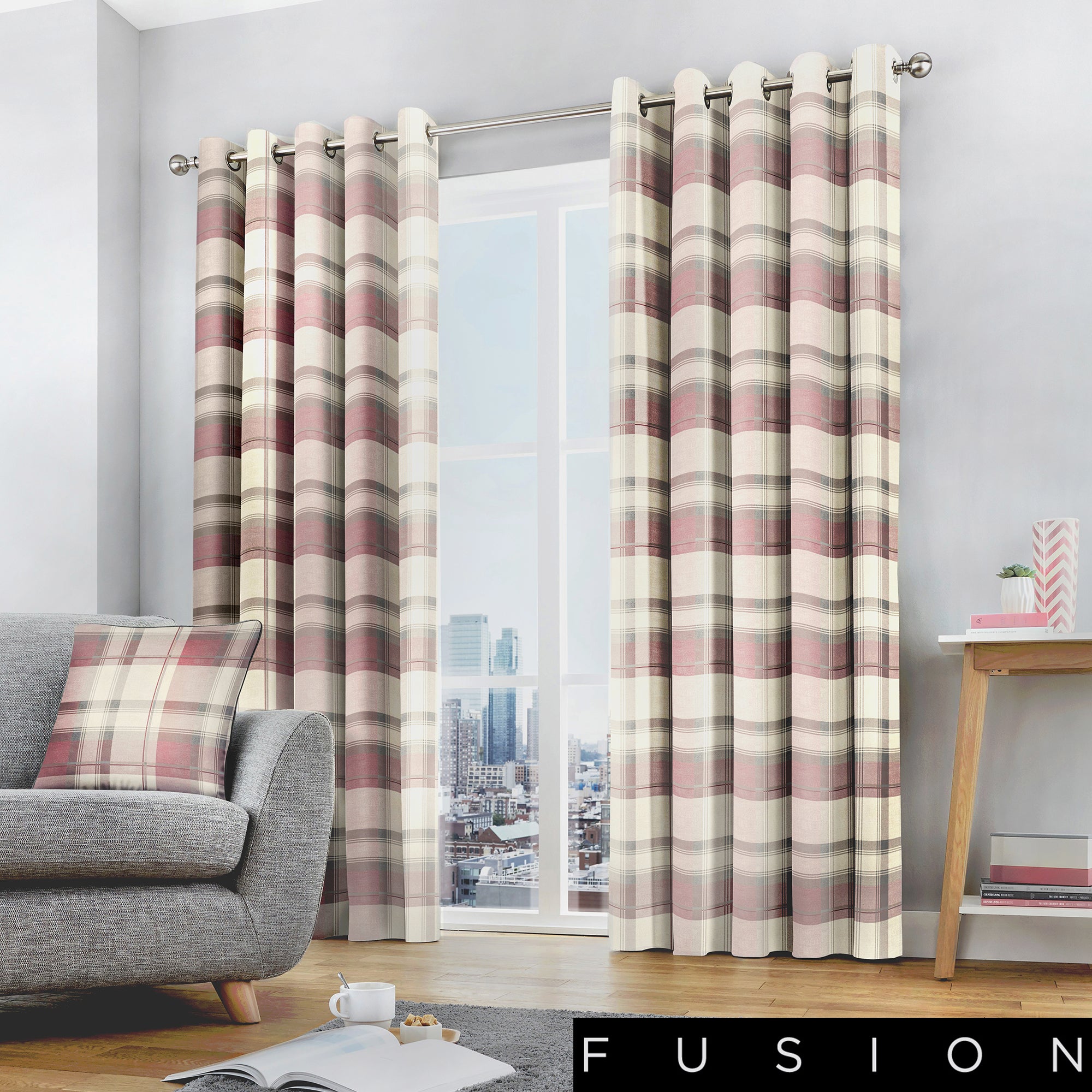 Balmoral Check - 100% Cotton Lined Eyelet Curtains in Blush- by Fusion