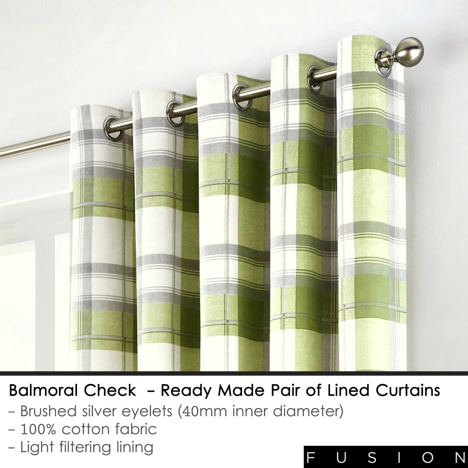 Balmoral Check - 100% Cotton Lined Eyelet Curtains in Green - by Fusion