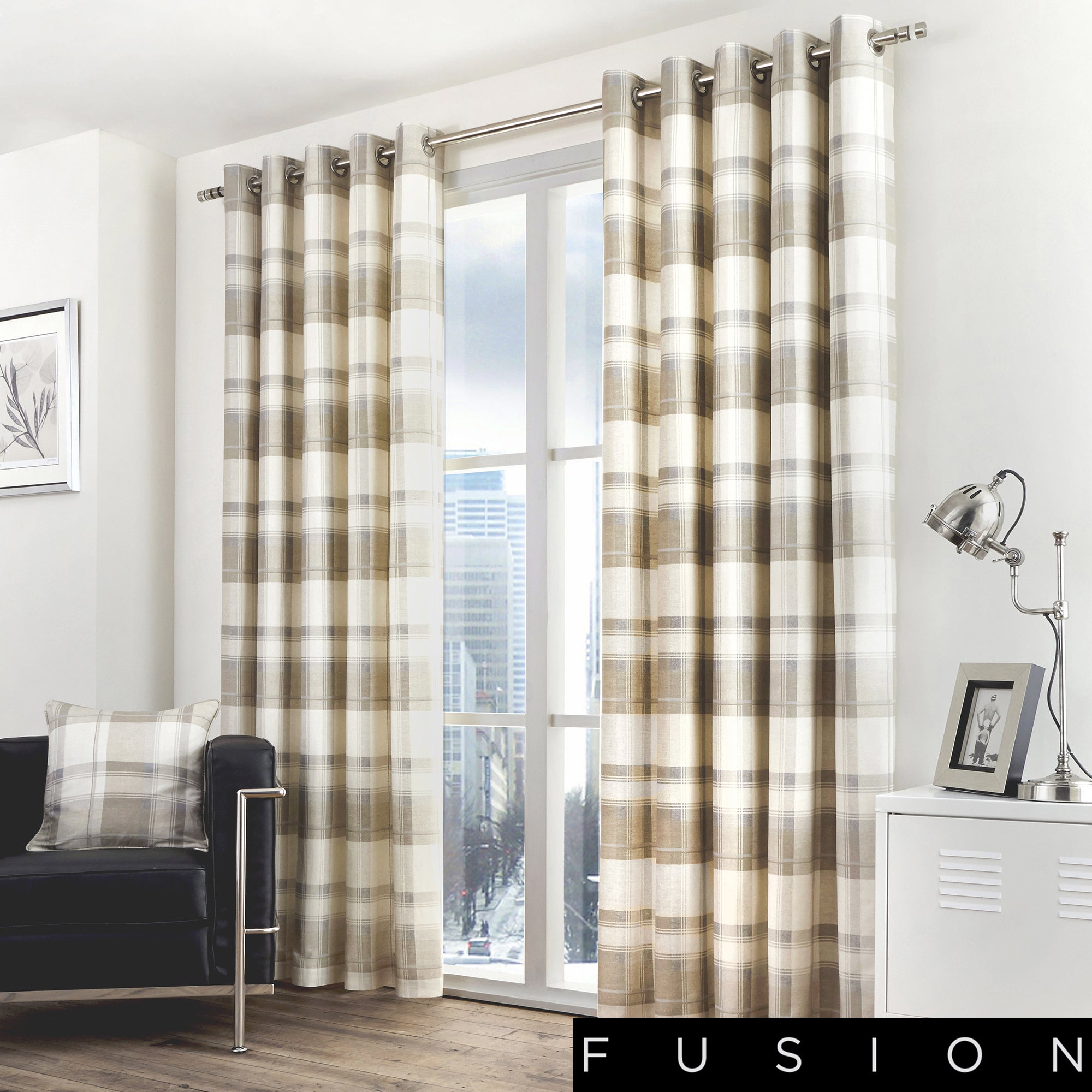 Balmoral Check - 100% Cotton Lined Eyelet Curtains in Natural - by Fusion