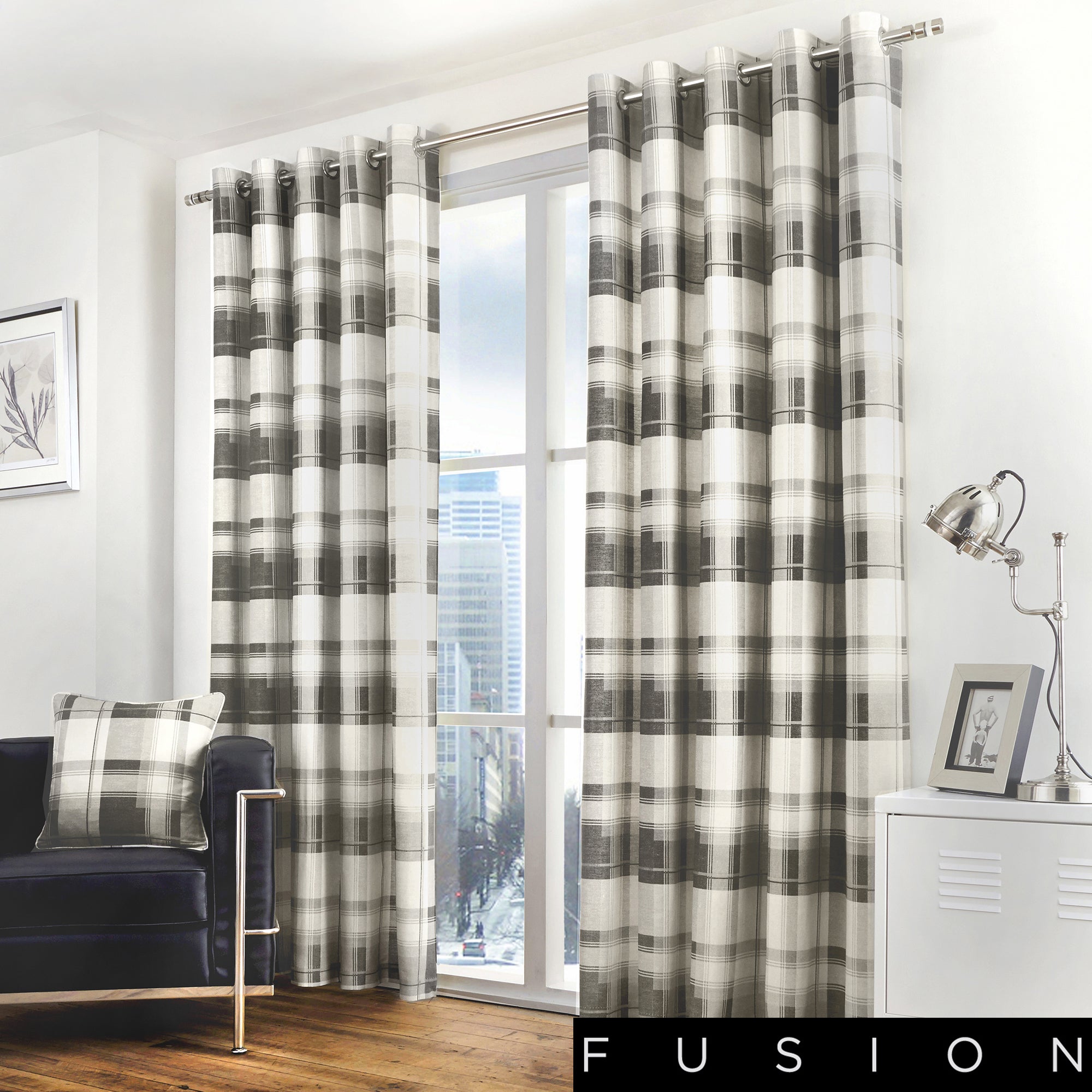 Balmoral Check - 100% Cotton Lined Eyelet Curtains in Slate - by Fusion