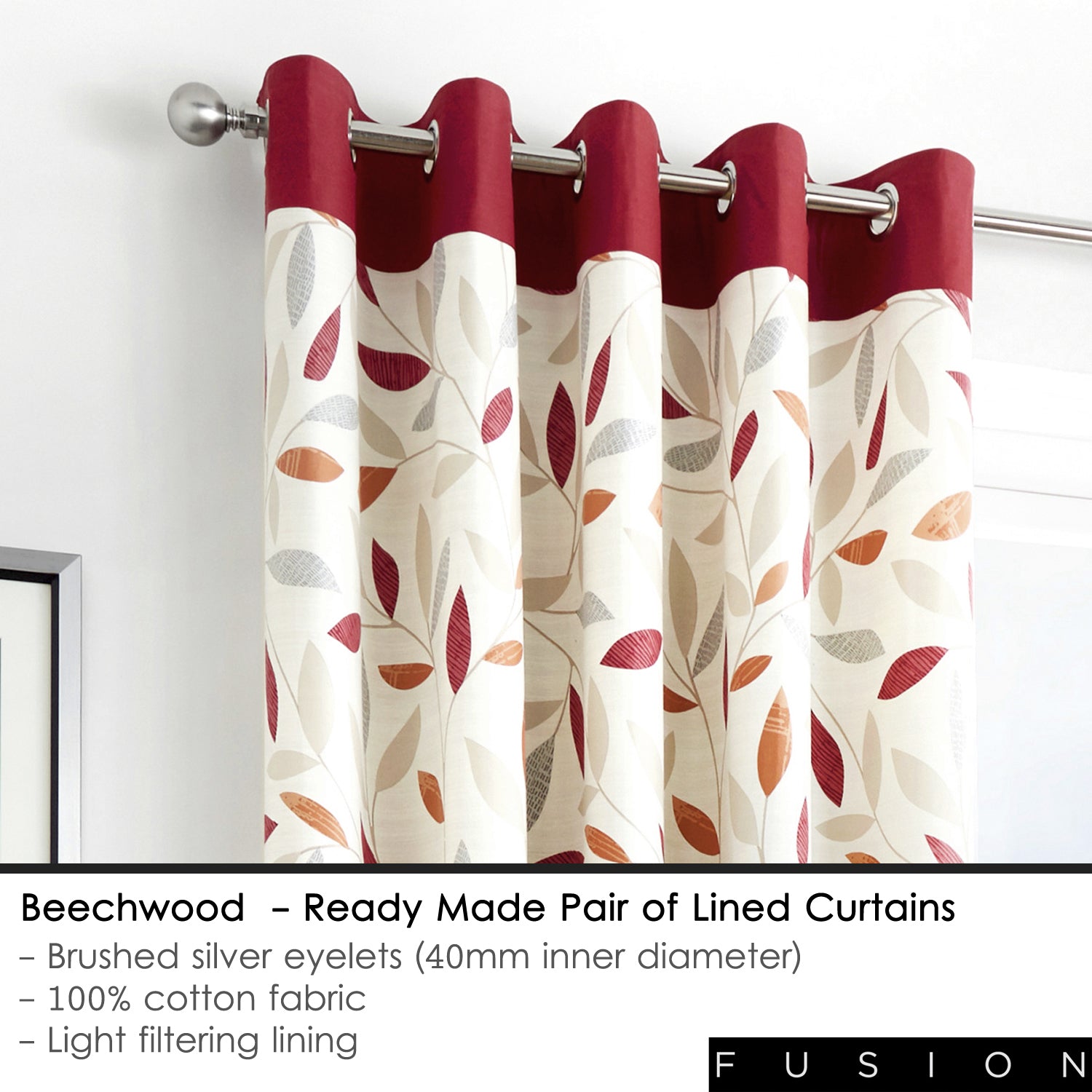 Beechwood - 100% Cotton Lined Eyelet Curtains in Red - by Fusion
