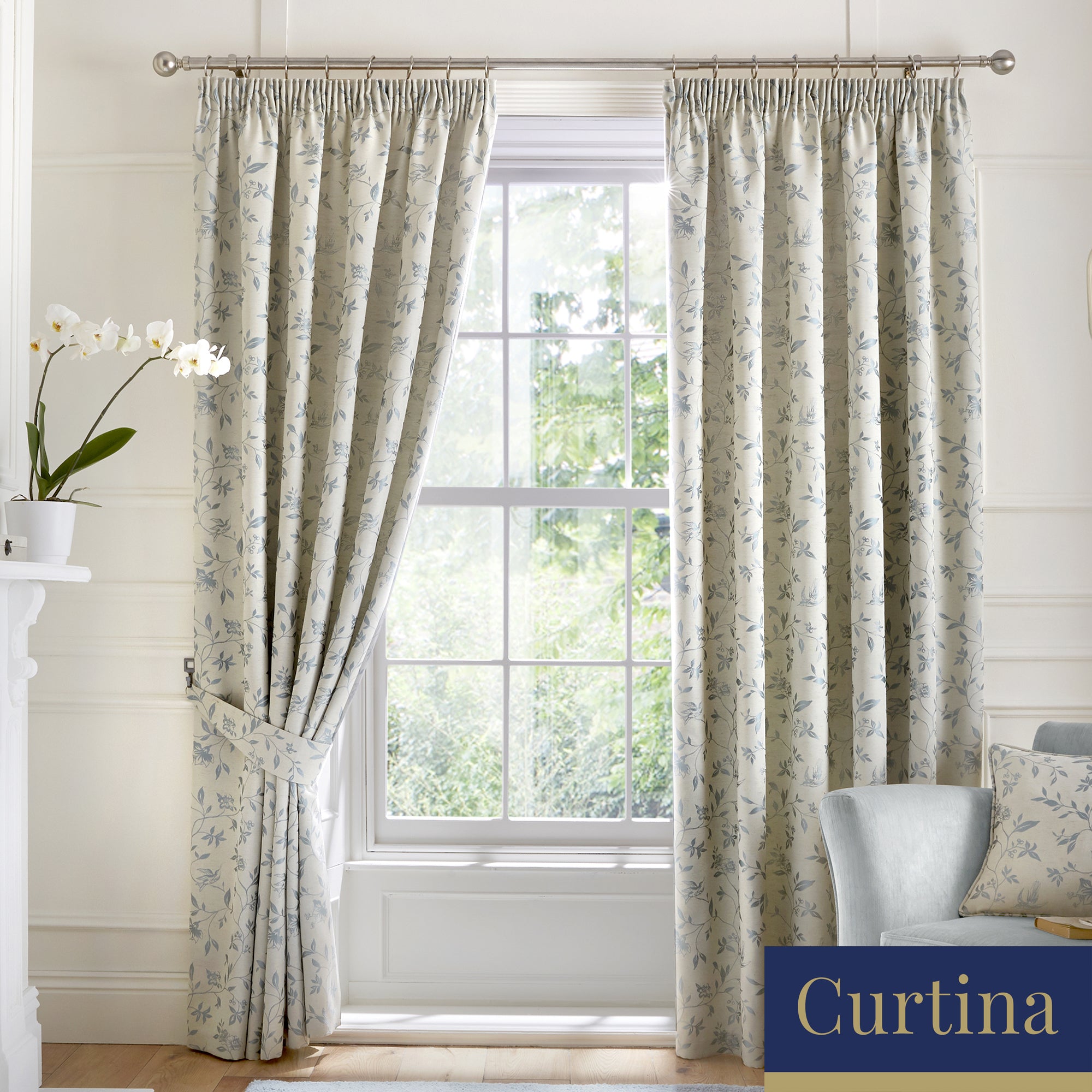 Bird Trail -  Jacquard Pencil Pleat Curtains in Duck Egg - By Curtina