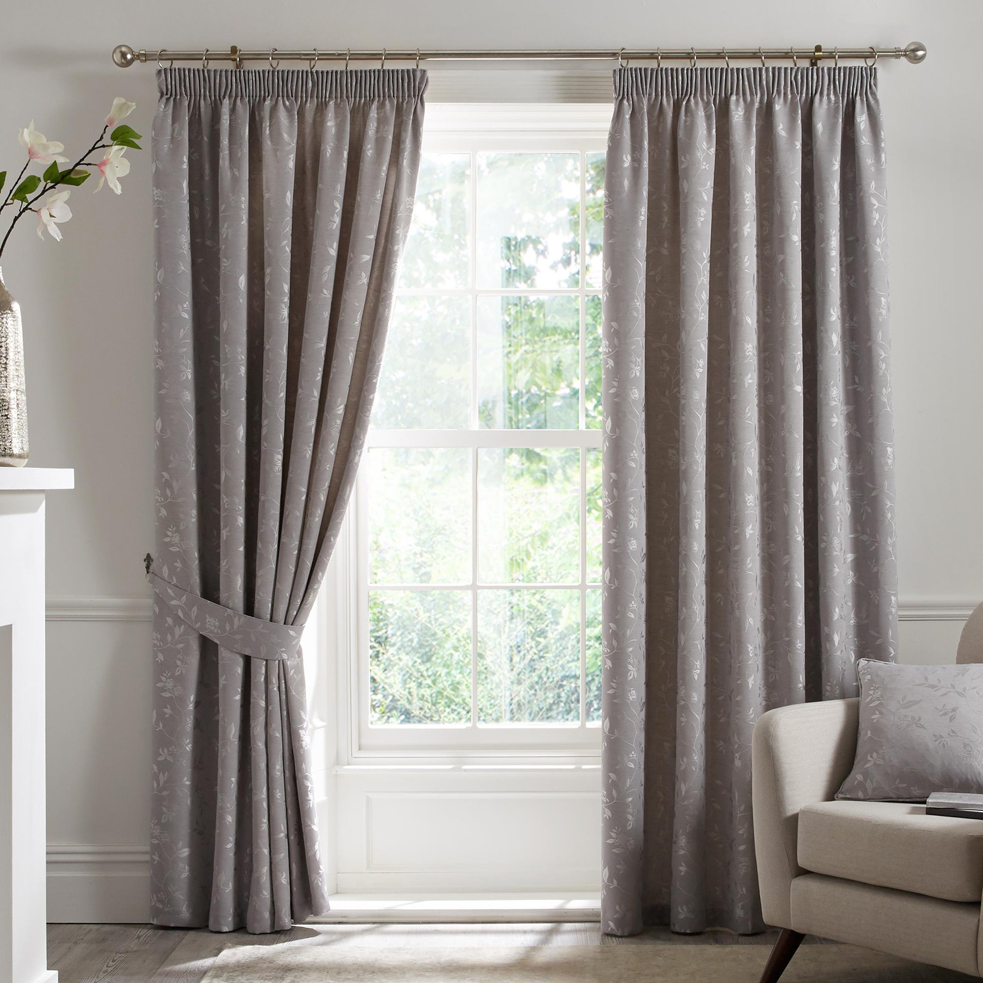 Bird Trail - Jacquard Pair of Pencil Pleat Curtains in Grey - By Curtina
