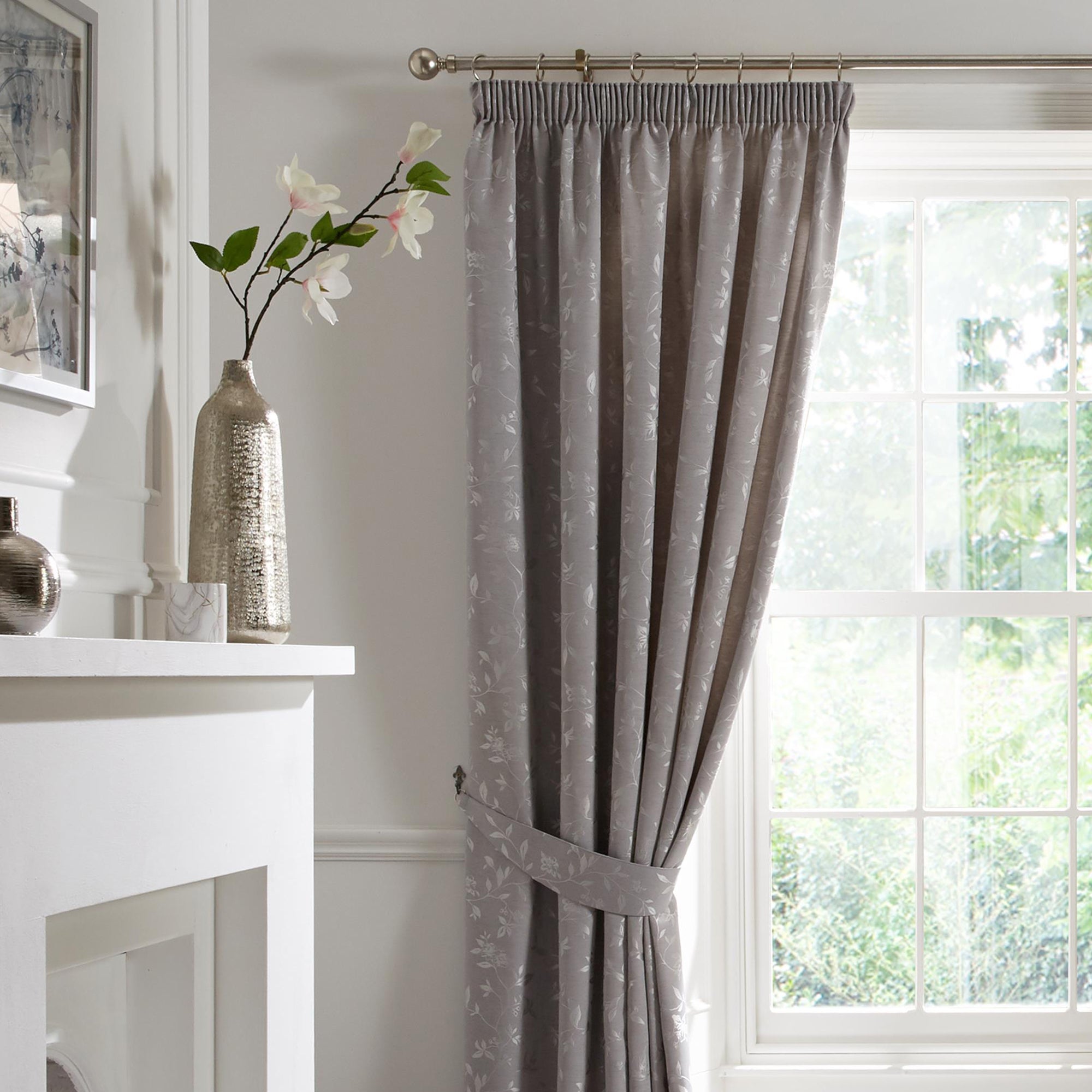 Bird Trail - Jacquard Pair of Pencil Pleat Curtains in Grey - By Curtina