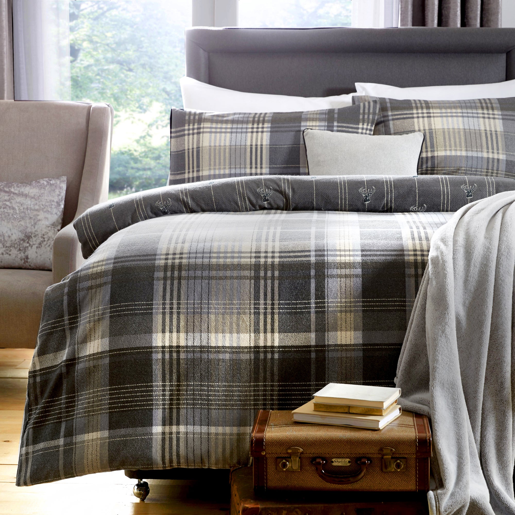 Connolly Check - 100% Brushed Cotton Checked Duvet Set in Charcoal - by D&D Lodge