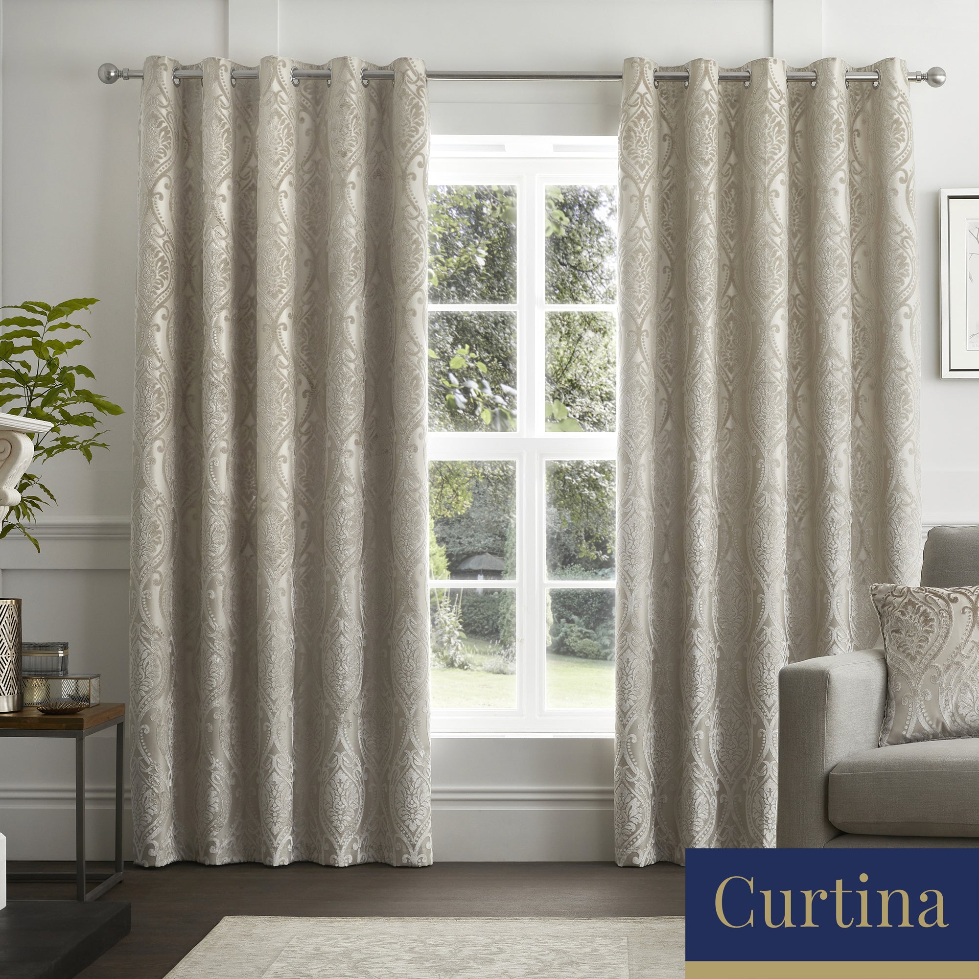 Chateau - Damask Jacquard Eyelet Curtains in Natural - By Curtina
