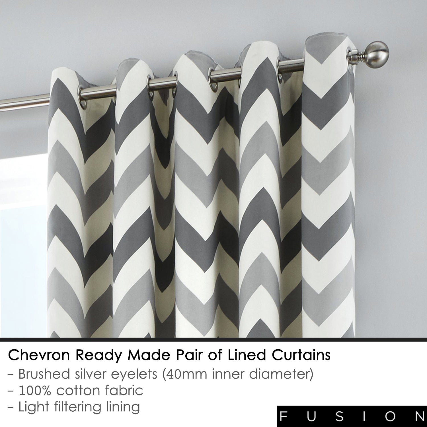 Chevron - 100% Cotton Lined Eyelet Curtains in Grey - by Fusion