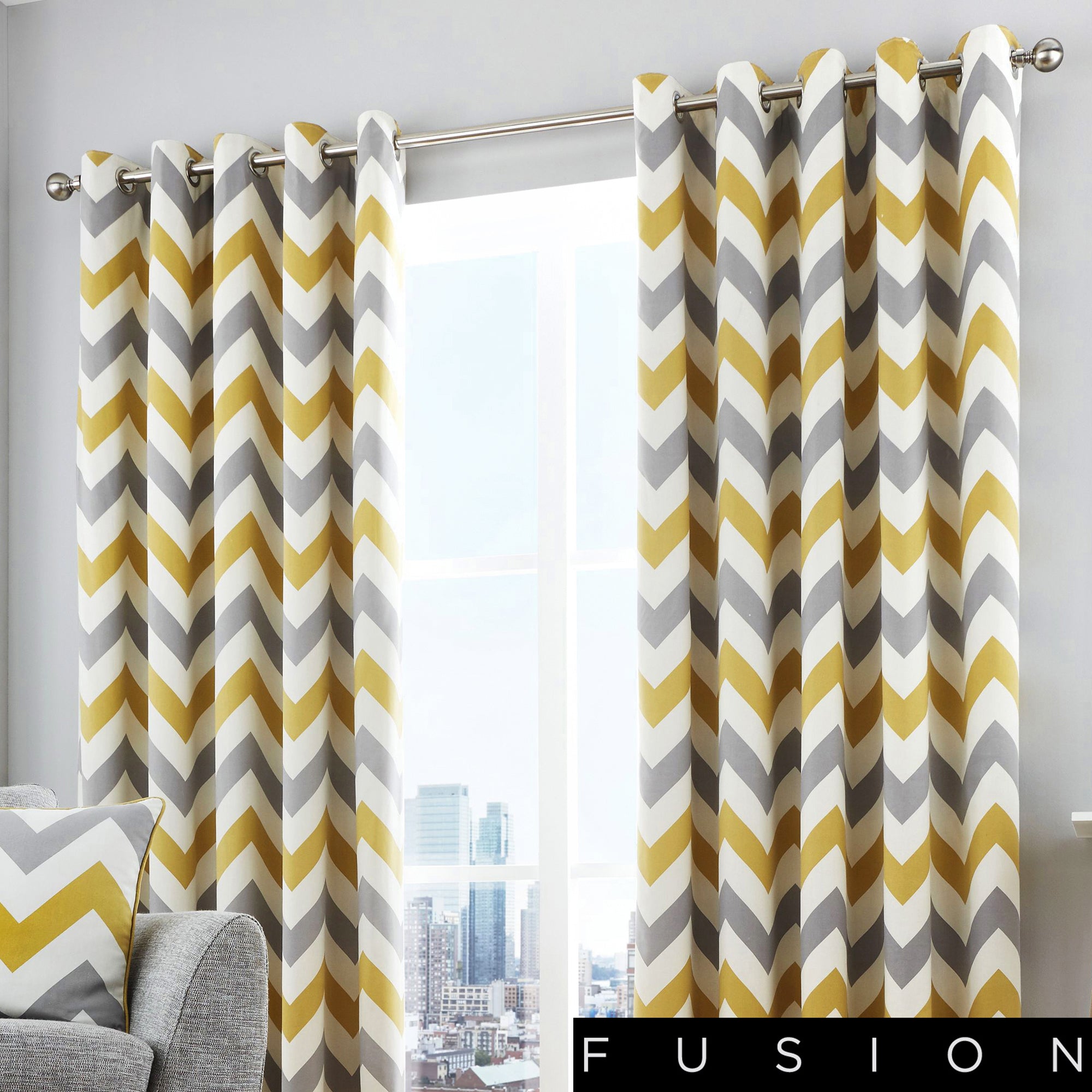 Chevron - 100% Cotton Lined Eyelet Curtains in Ochre - by Fusion
