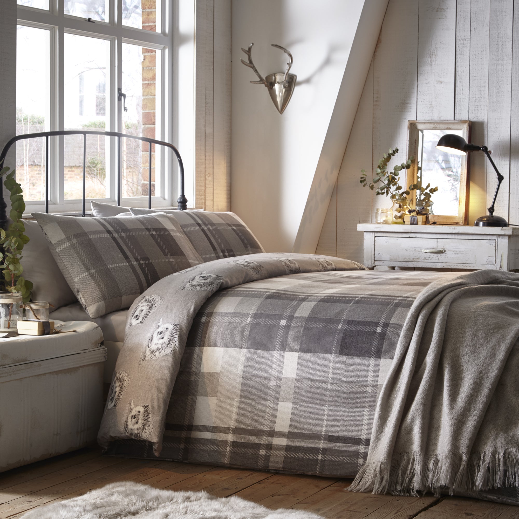 Colville Check Grey - 100% Brushed Cotton Checked Duvet Set - by D&D Lodge