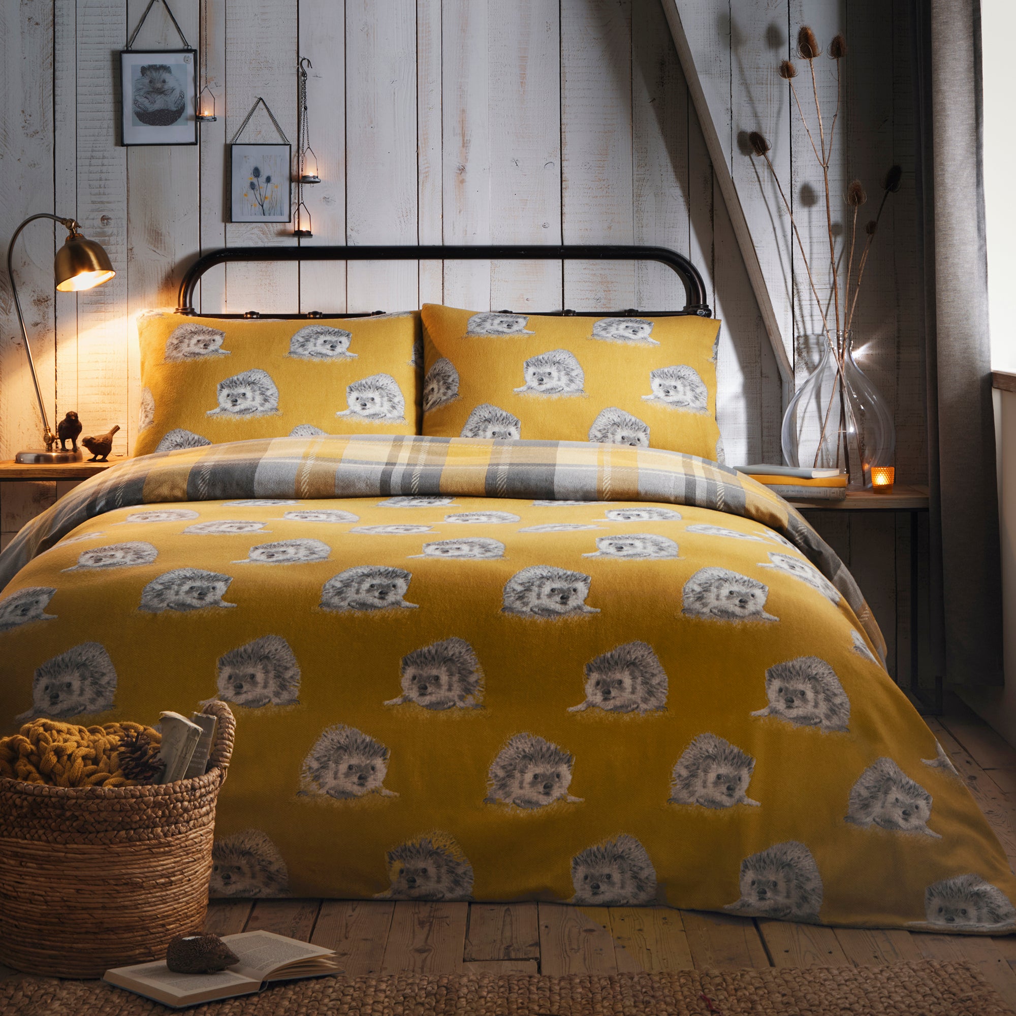 Colville Check Ochre - 100% Brushed Cotton Checked Duvet Set - by D&D Lodge
