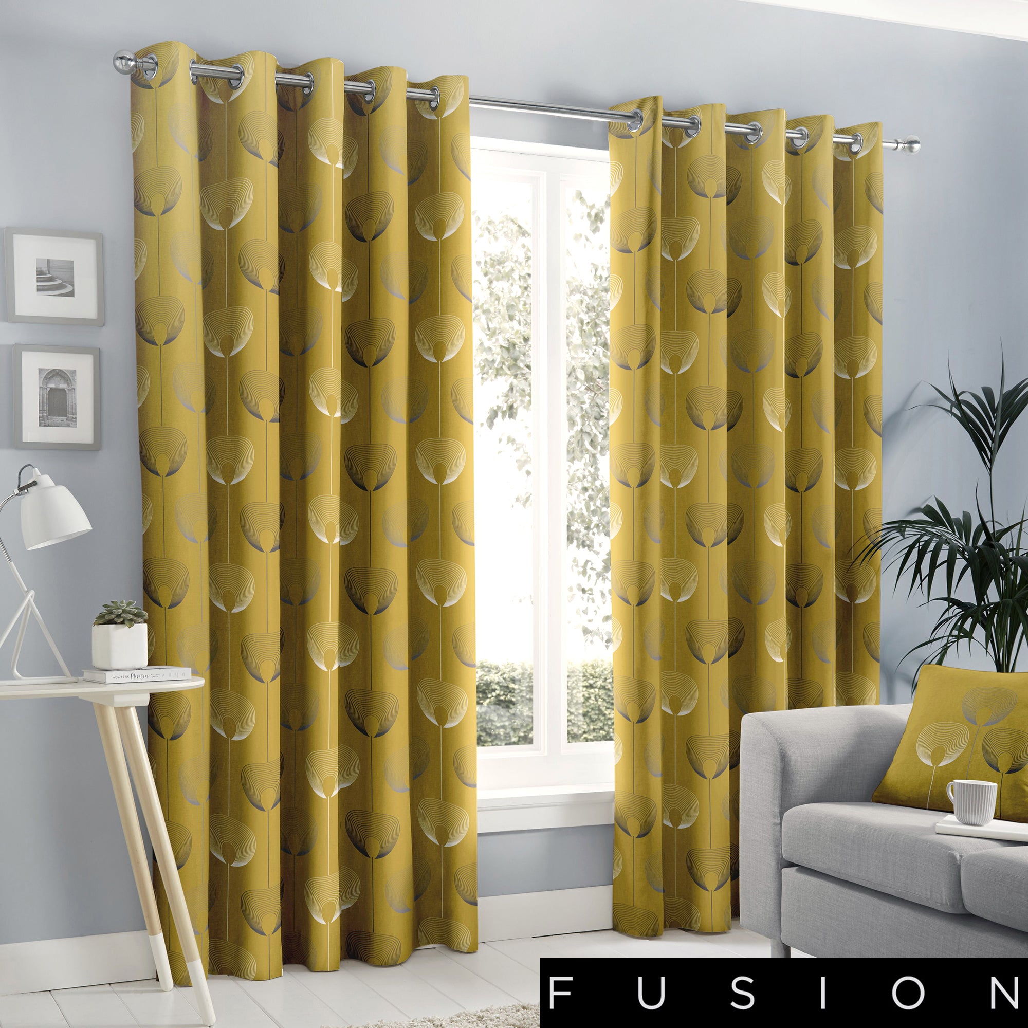 Delta - 100% Cotton Pair of Eyelet Curtains in Ochre - by Fusion