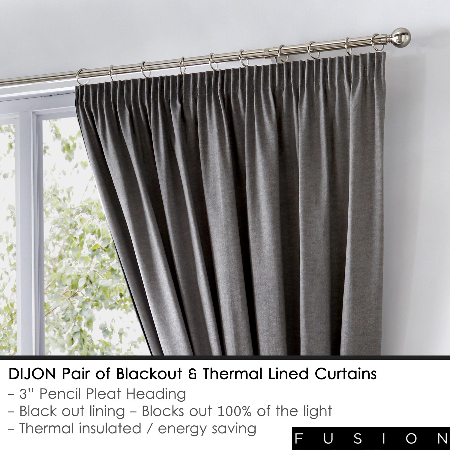 Dijon - Blackout Pair of Pencil Pleat Curtains in Charcoal - by Fusion