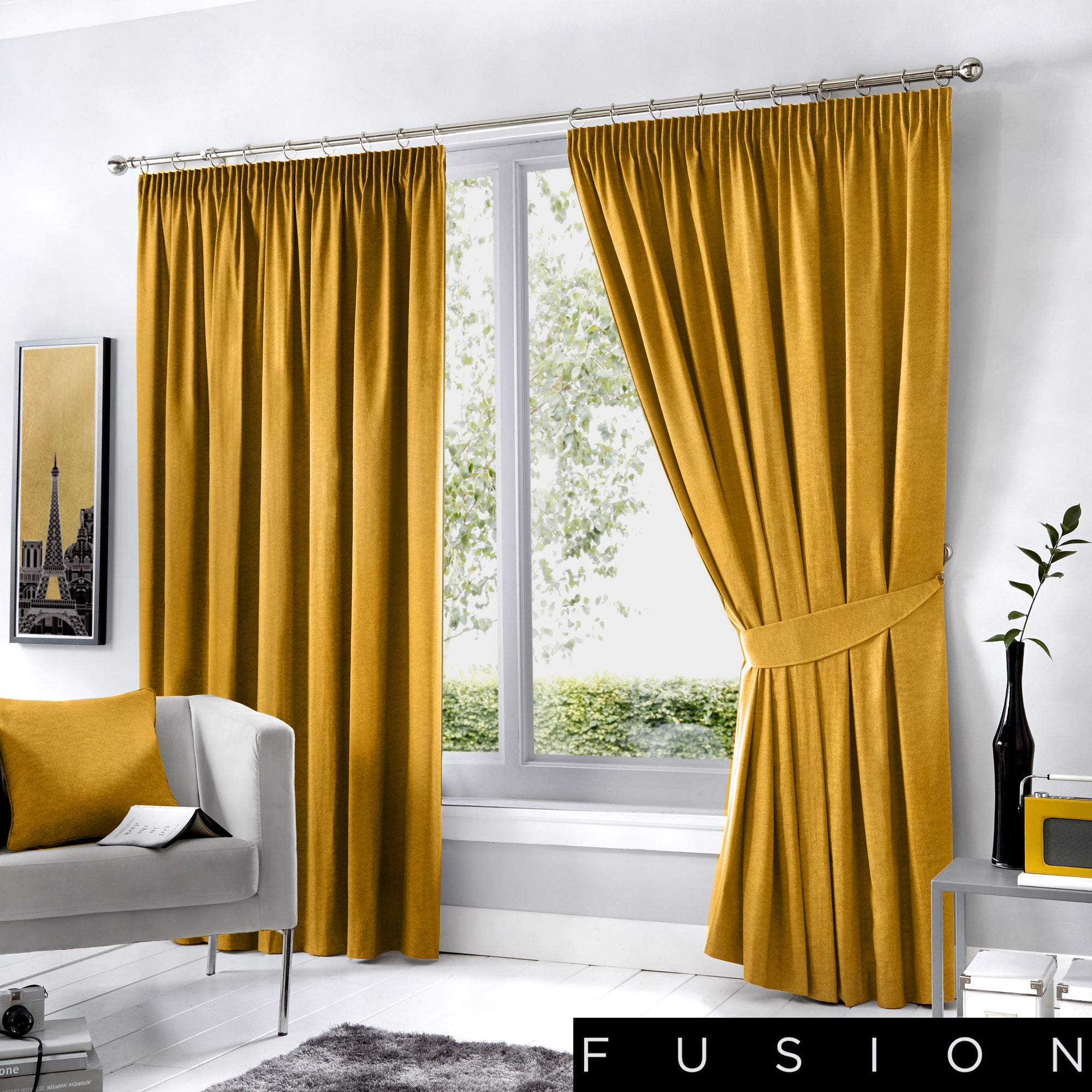 Dijon - Blackout Pair of Pencil Pleat Curtains in Ochre - by Fusion
