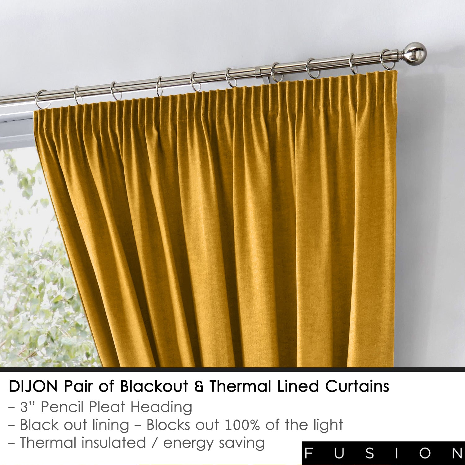 Dijon - Blackout Pair of Pencil Pleat Curtains in Ochre - by Fusion