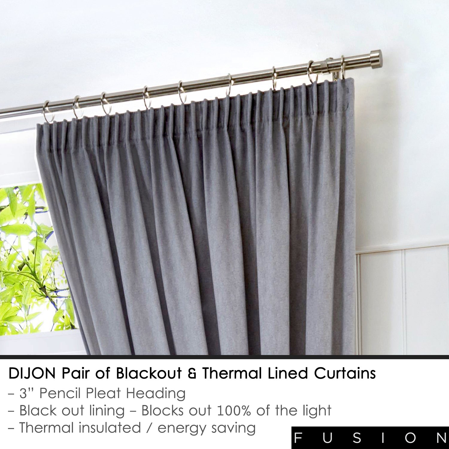 Dijon - Blackout Pair of Pencil Pleat Curtains in Silver - by Fusion