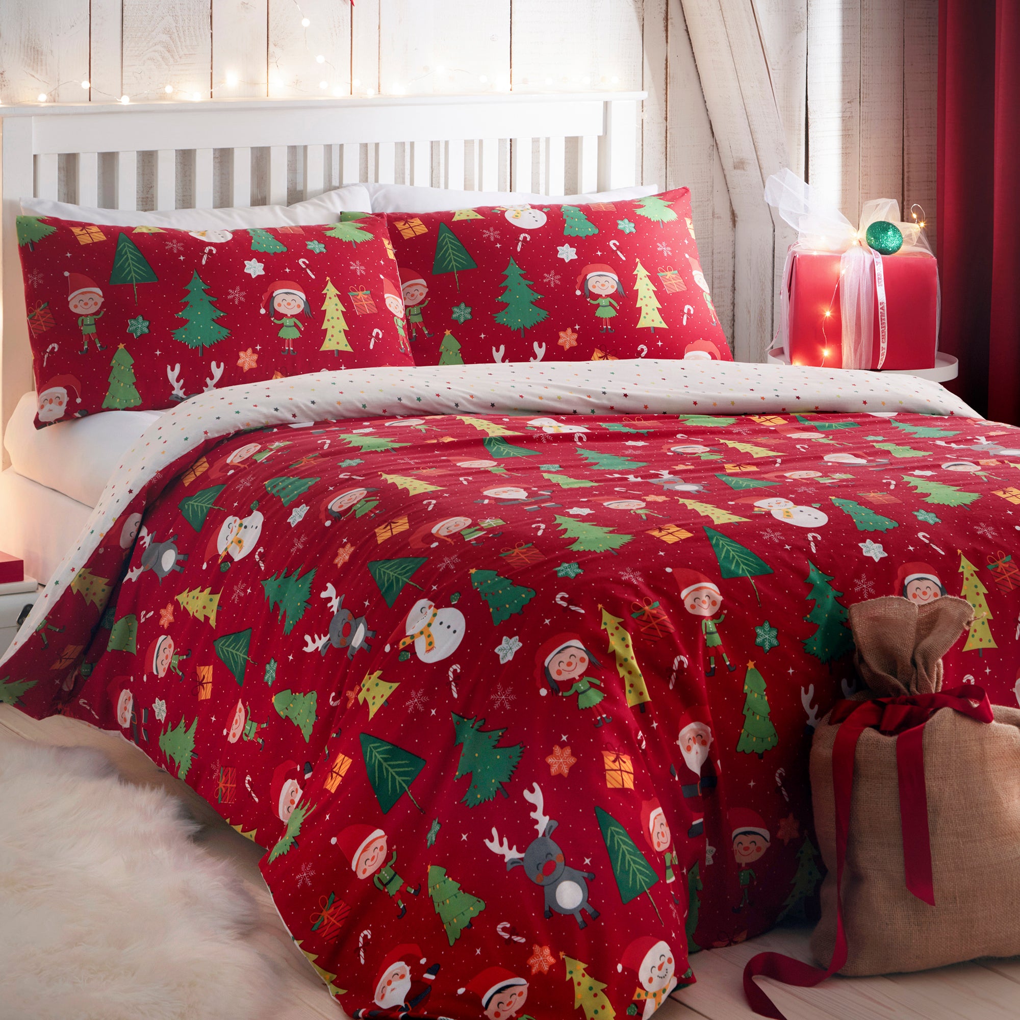 Elf & Santa - Easy Care Duvet Cover Set in Multi - By Bedlam Christmas