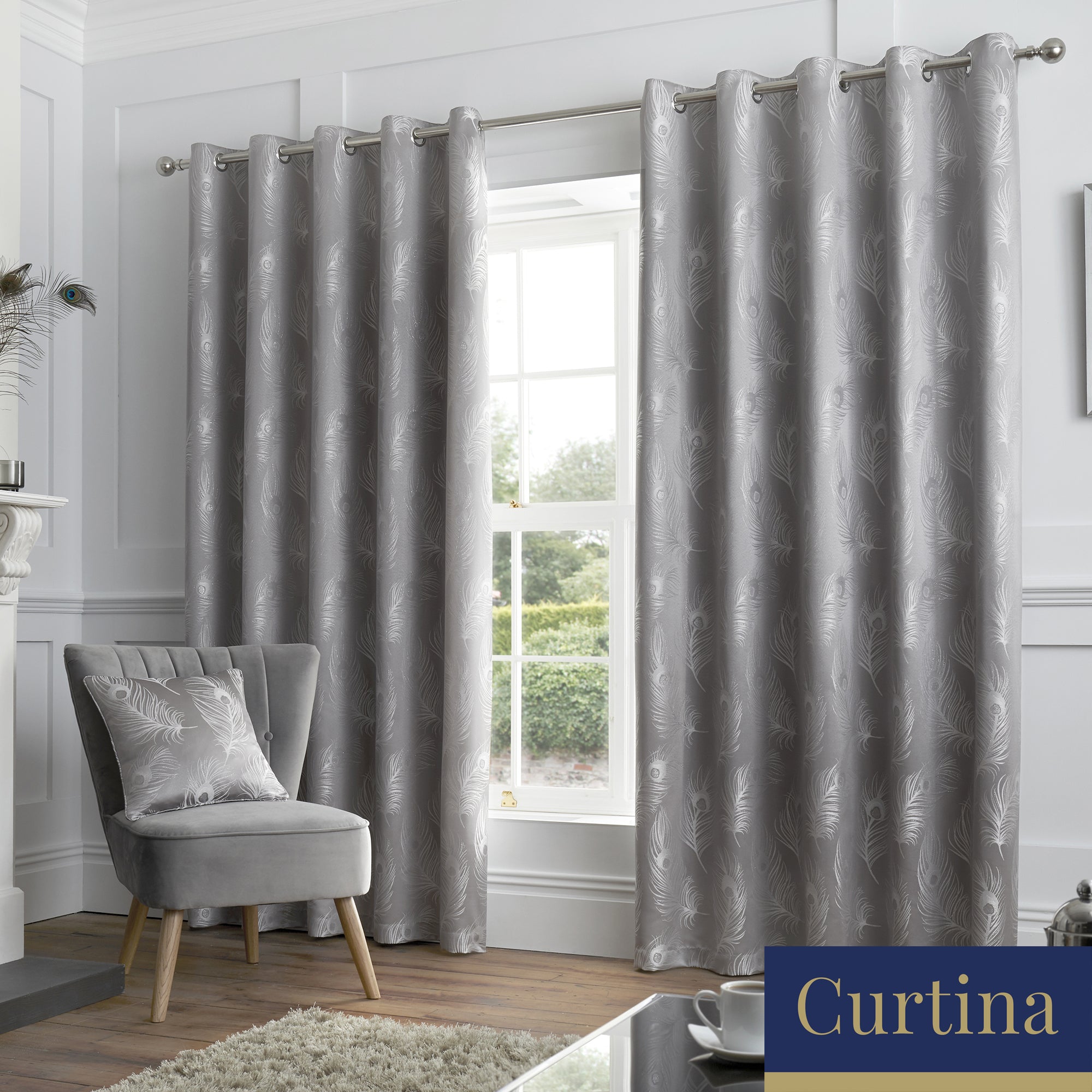 Feather - Jacquard Eyelet Curtains in Silver - By Curtina