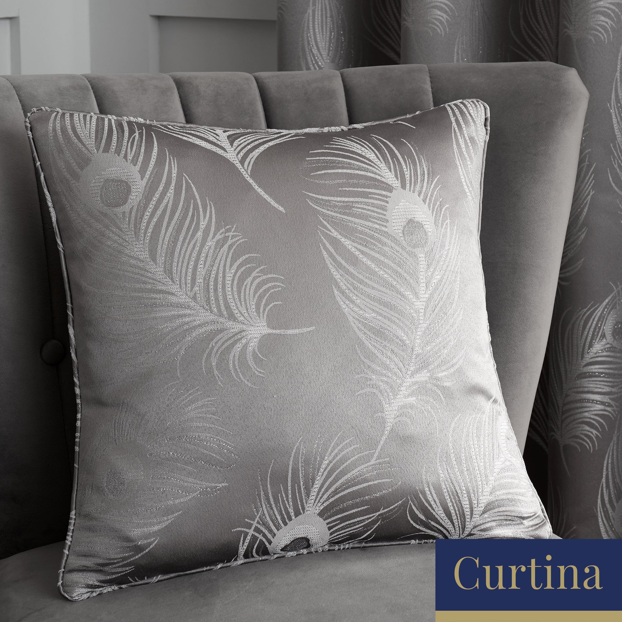 Feather - Jacquard Filled Square Cushion in Silver - by Curtina