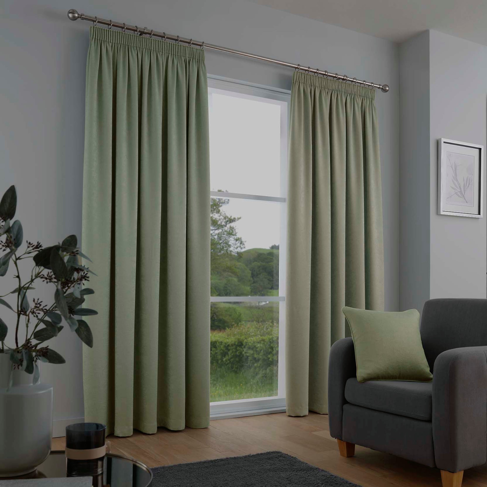 Pair of Pencil Pleat Curtains Galaxy by Fusion in Green