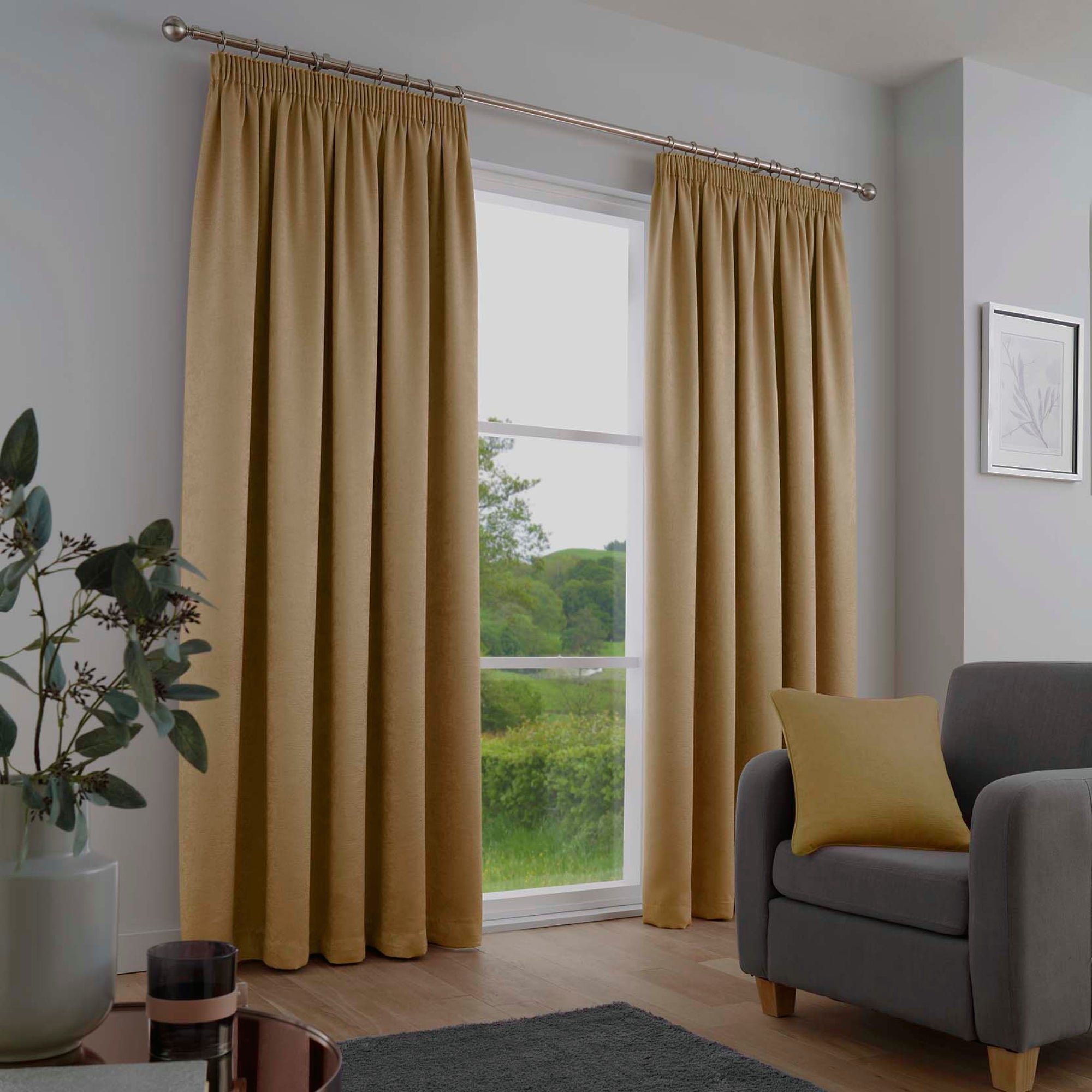Pair of Pencil Pleat Curtains Galaxy by Fusion in Ochre
