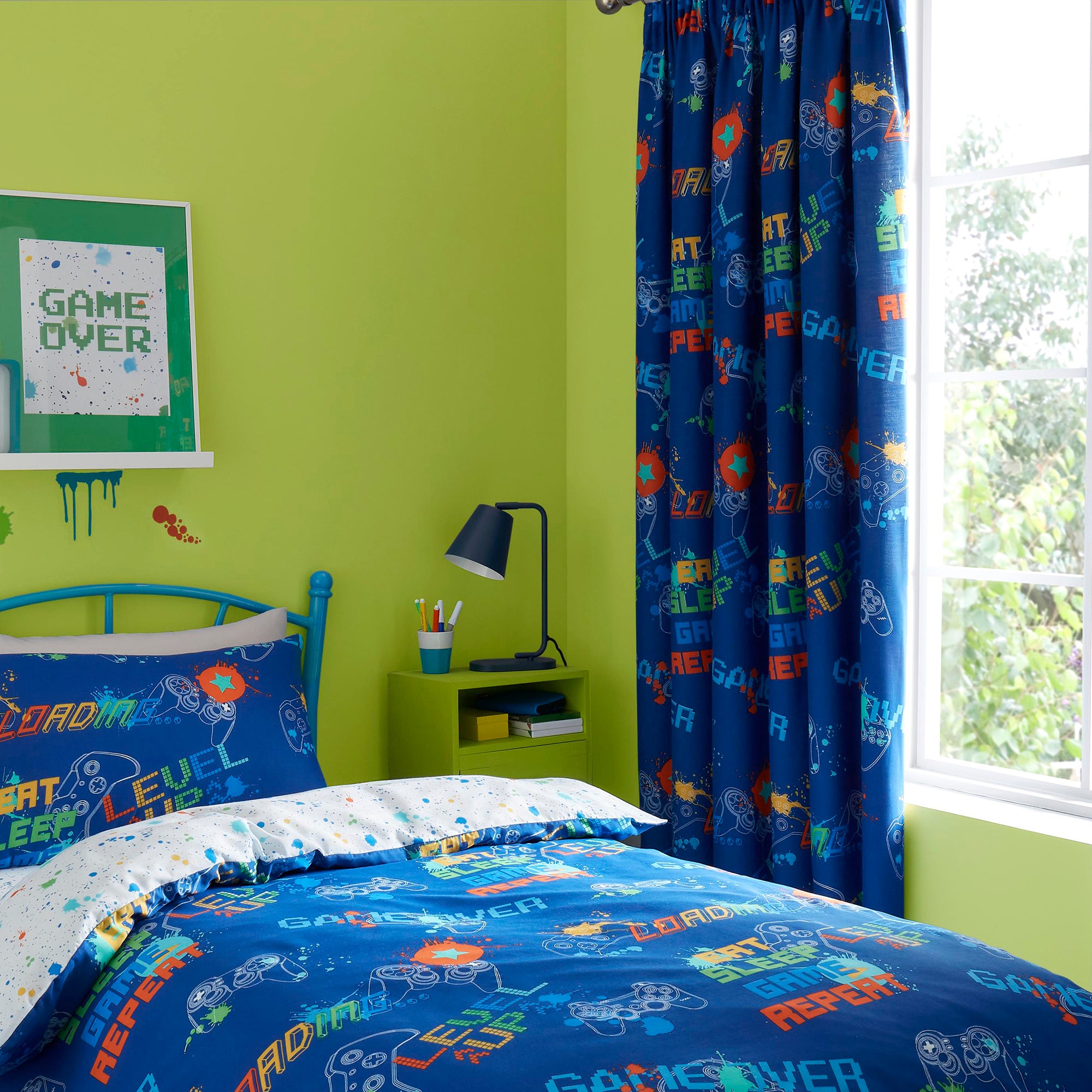 Game Glow - Glow in the Dark Duvet Cover Set, Curtains & Fitted Sheets in Multi - by Bedlam