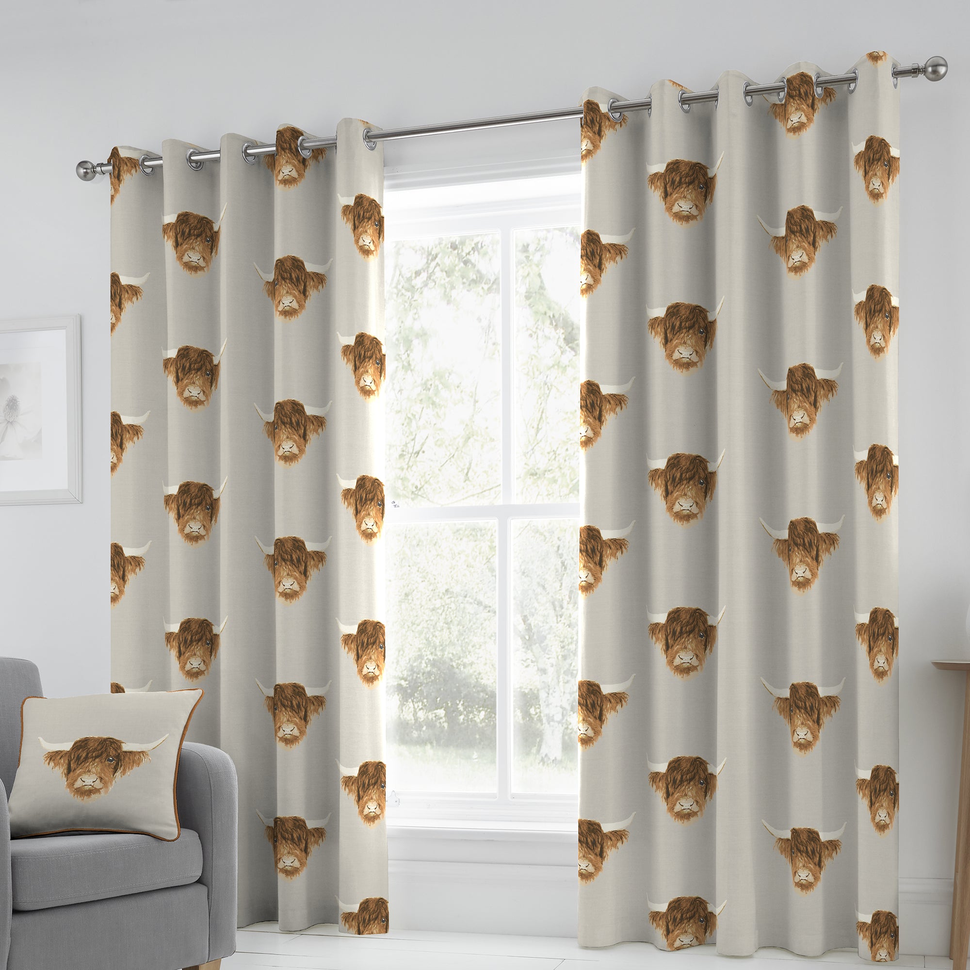 Highland Cow - 100% Cotton Pair of Eyelet Curtains in Natural - by Fusion