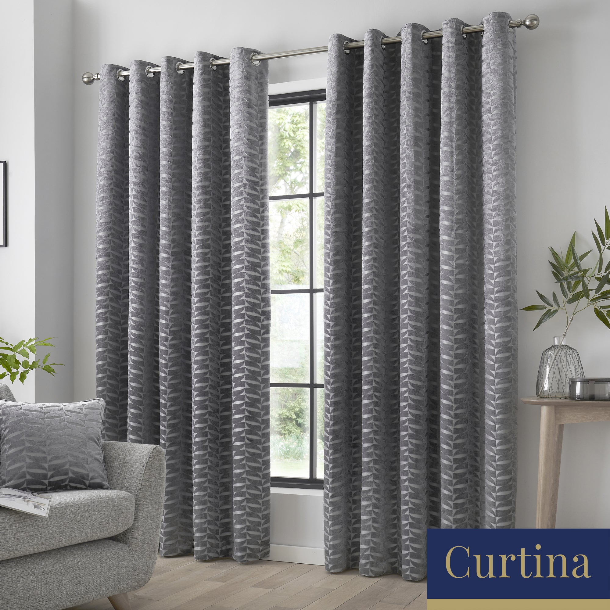 Kendal - Geometric Jacquard Eyelet Curtains in Charcoal - By Curtina