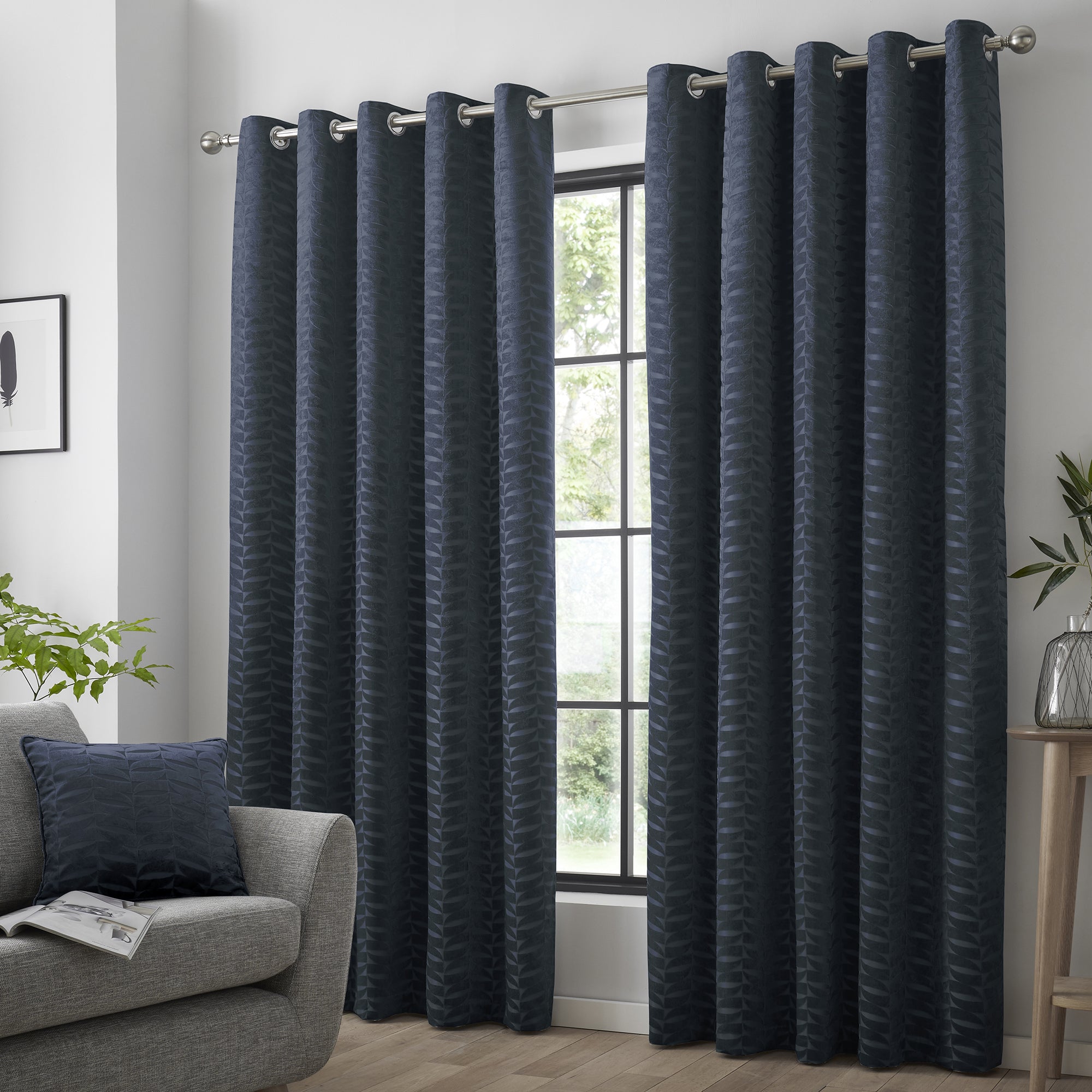 Kendal - Geometric Jacquard Eyelet Curtains in Navy - By Curtina