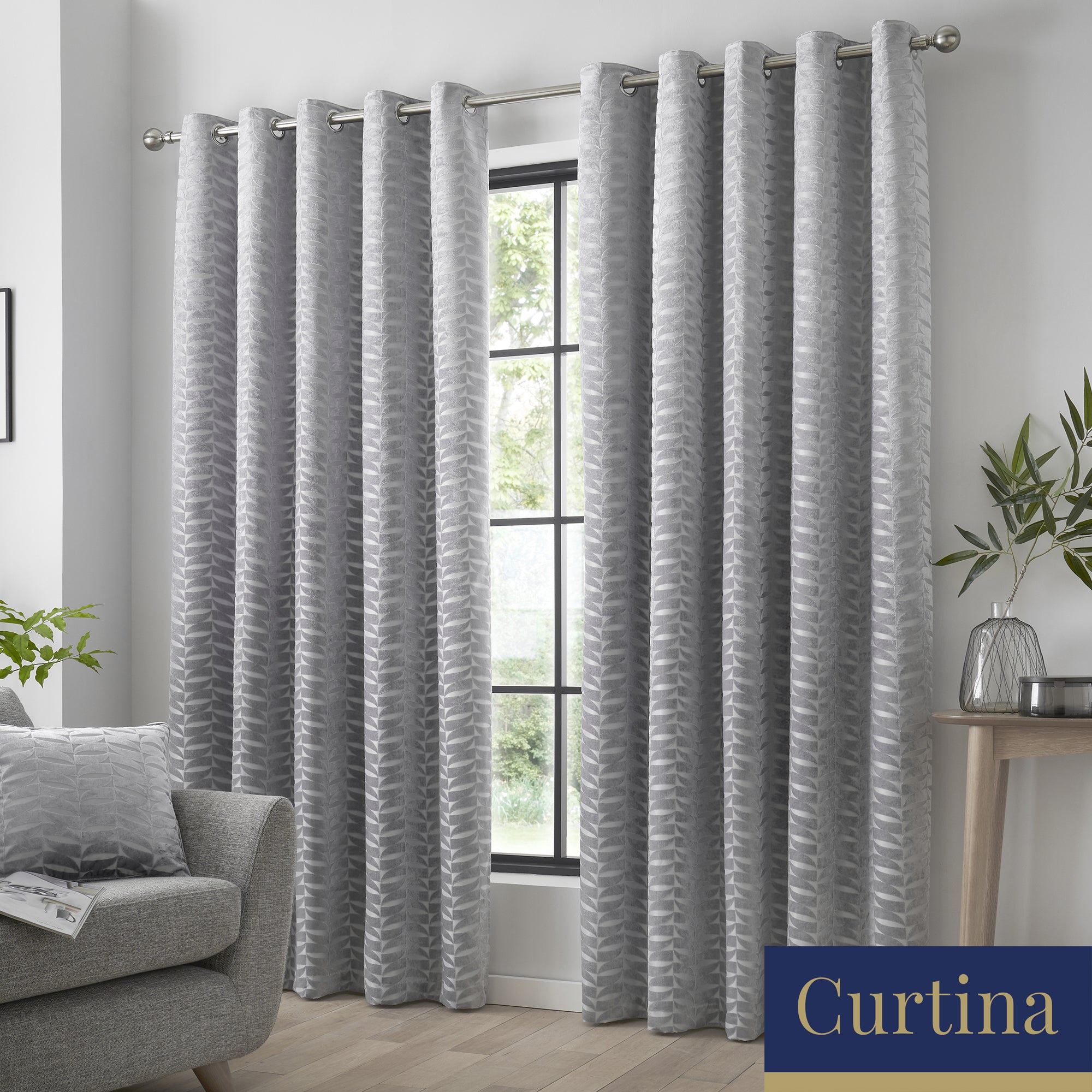 Kendal - Geometric Jacquard Eyelet Curtains in Silver - By Curtina