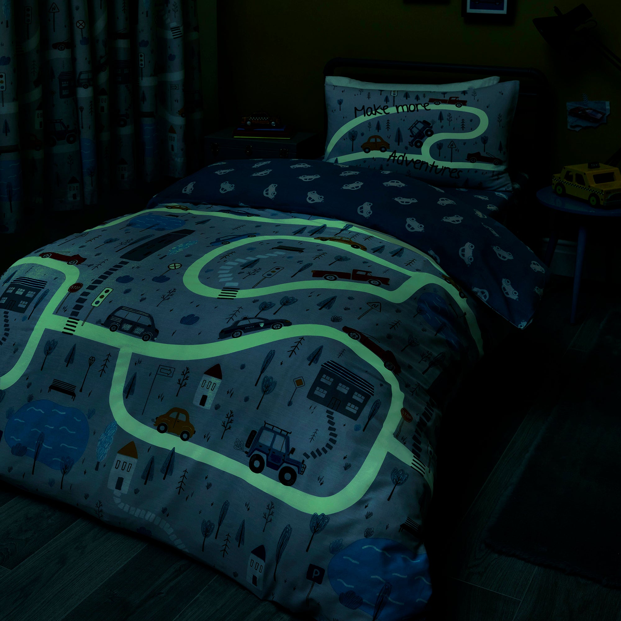 Little Transport - Glow in the Dark Duvet Cover Set, Curtains & Fitted Sheets in Grey - by Bedlam
