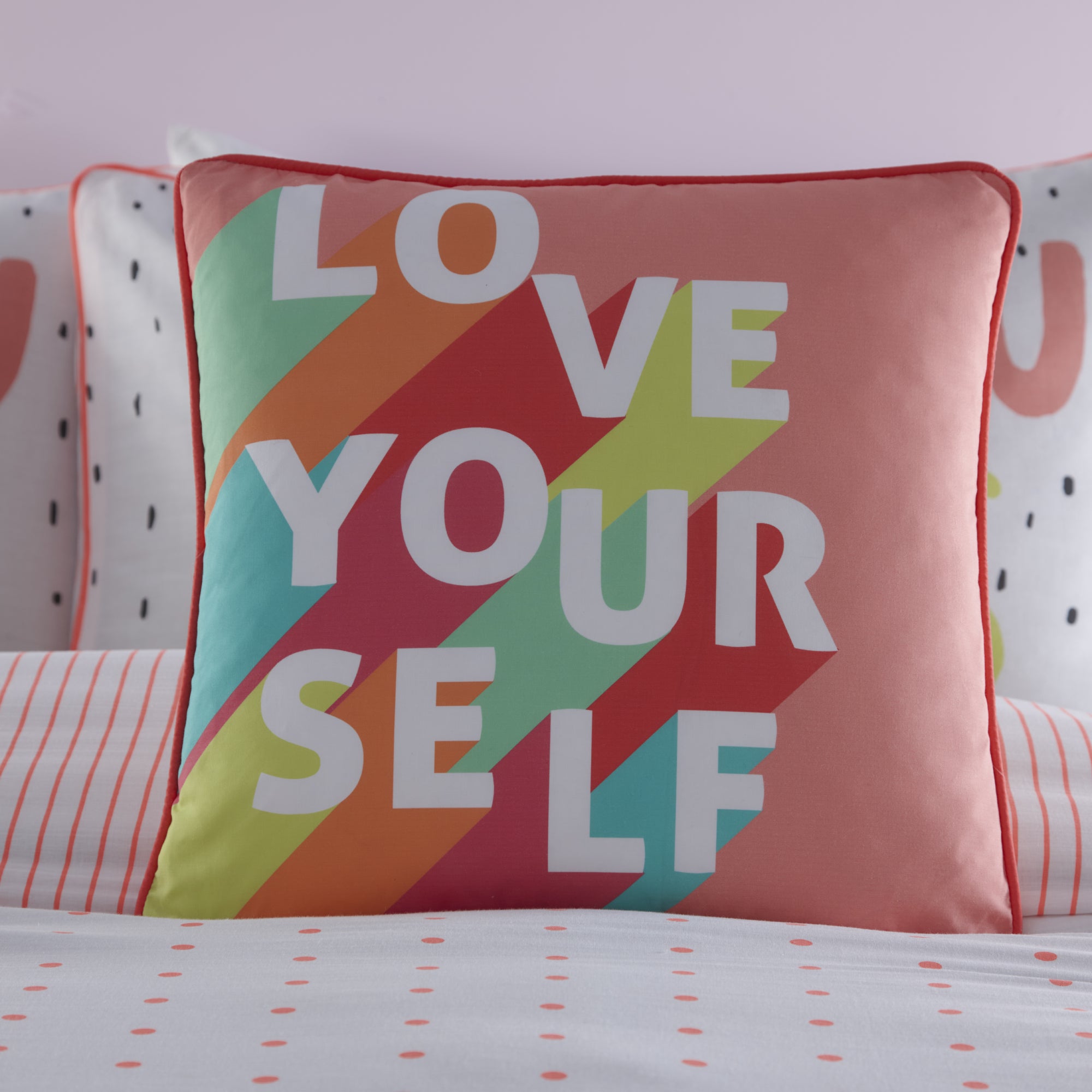 Filled Cushion Love Yourself by Appletree Kids in Coral