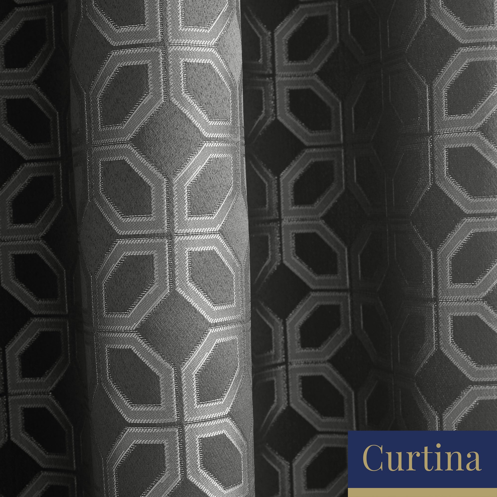 Oriental Squares - Geometric	Metallic Jacquard Eyelet Curtains in Charcoal - By Curtina