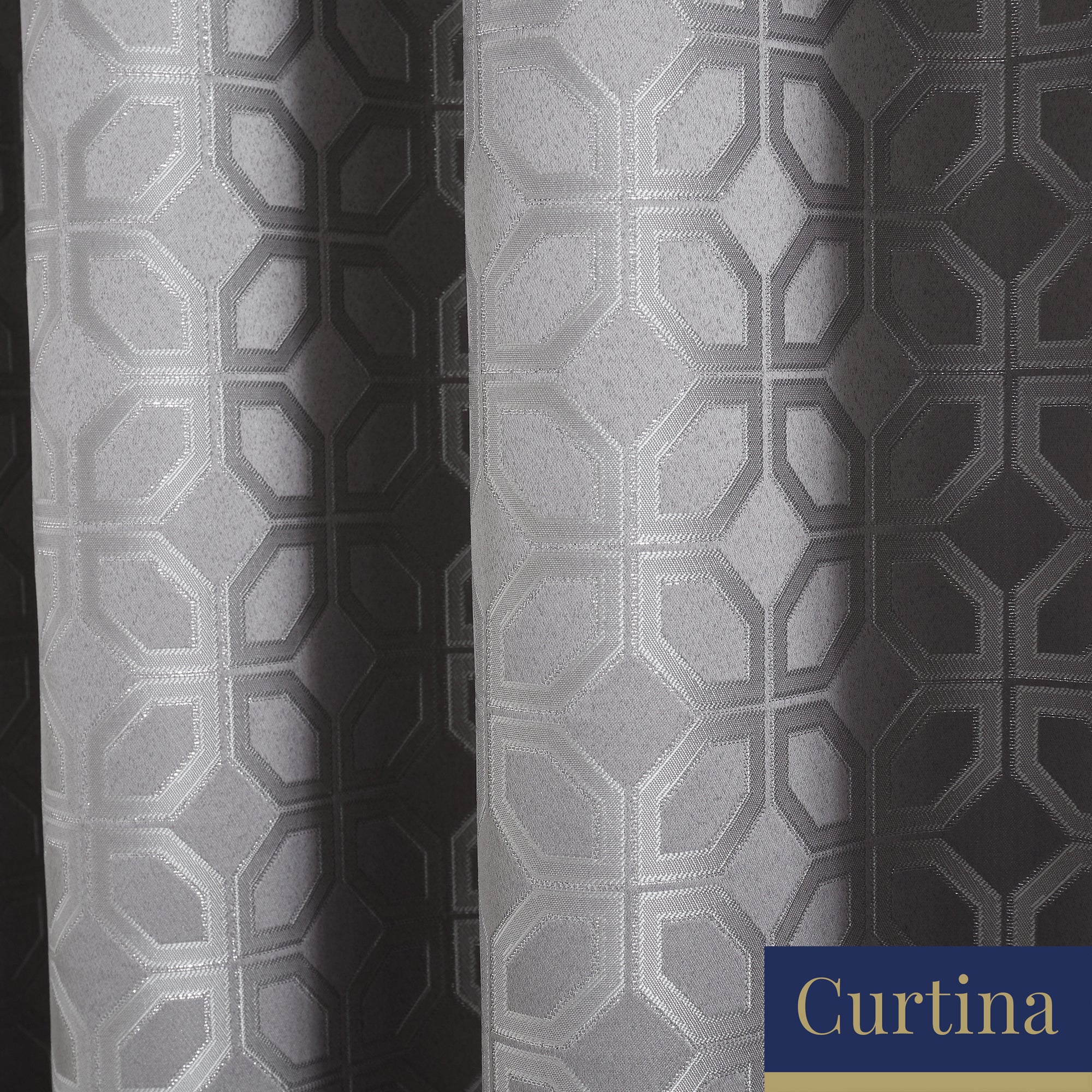 Oriental Squares - Geometric Metallic Jacquard Eyelet Curtains in Silver - By Curtina
