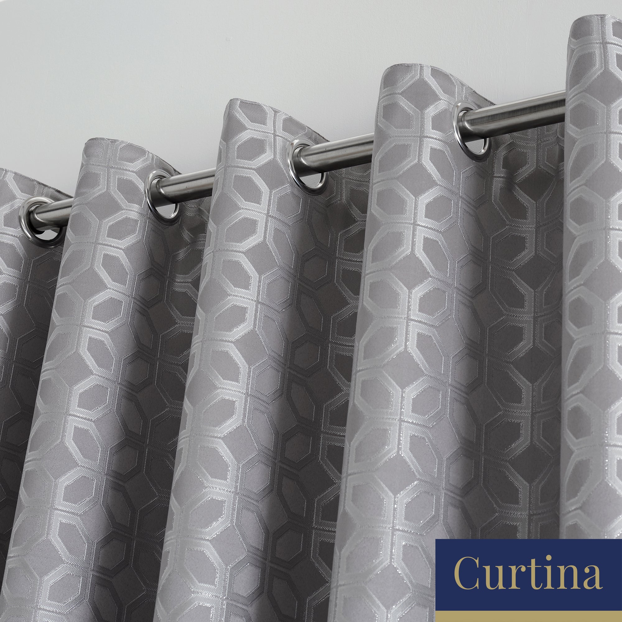 Oriental Squares - Geometric Metallic Jacquard Eyelet Curtains in Silver - By Curtina