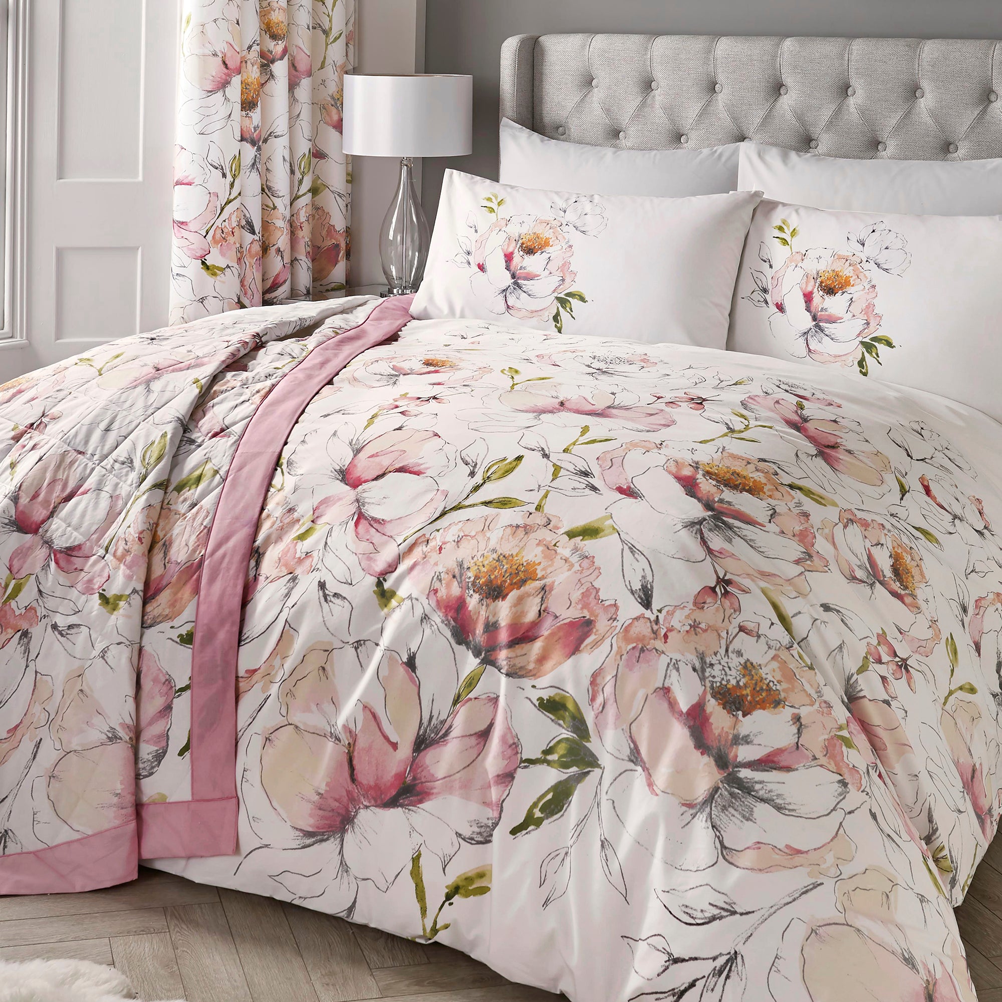 Peony - Easy Care Duvet Cover Set & Curtains in Pink - by D&D Design