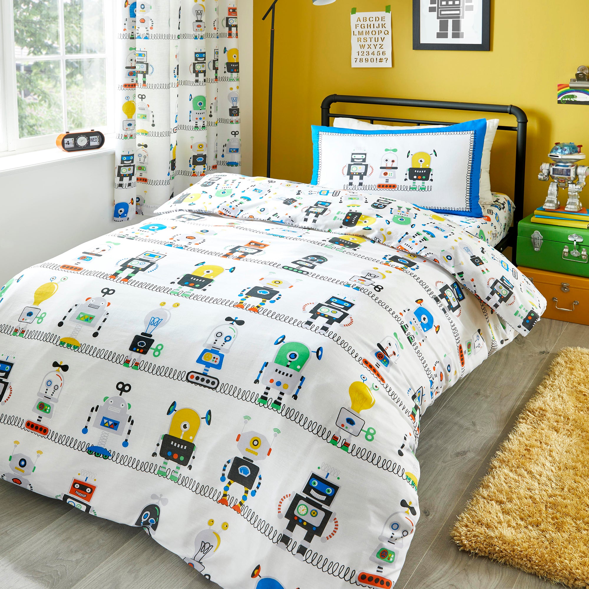 Robots - Kids Duvet Cover Set, Curtains & Fitted Sheets in Blue - by Bedlam