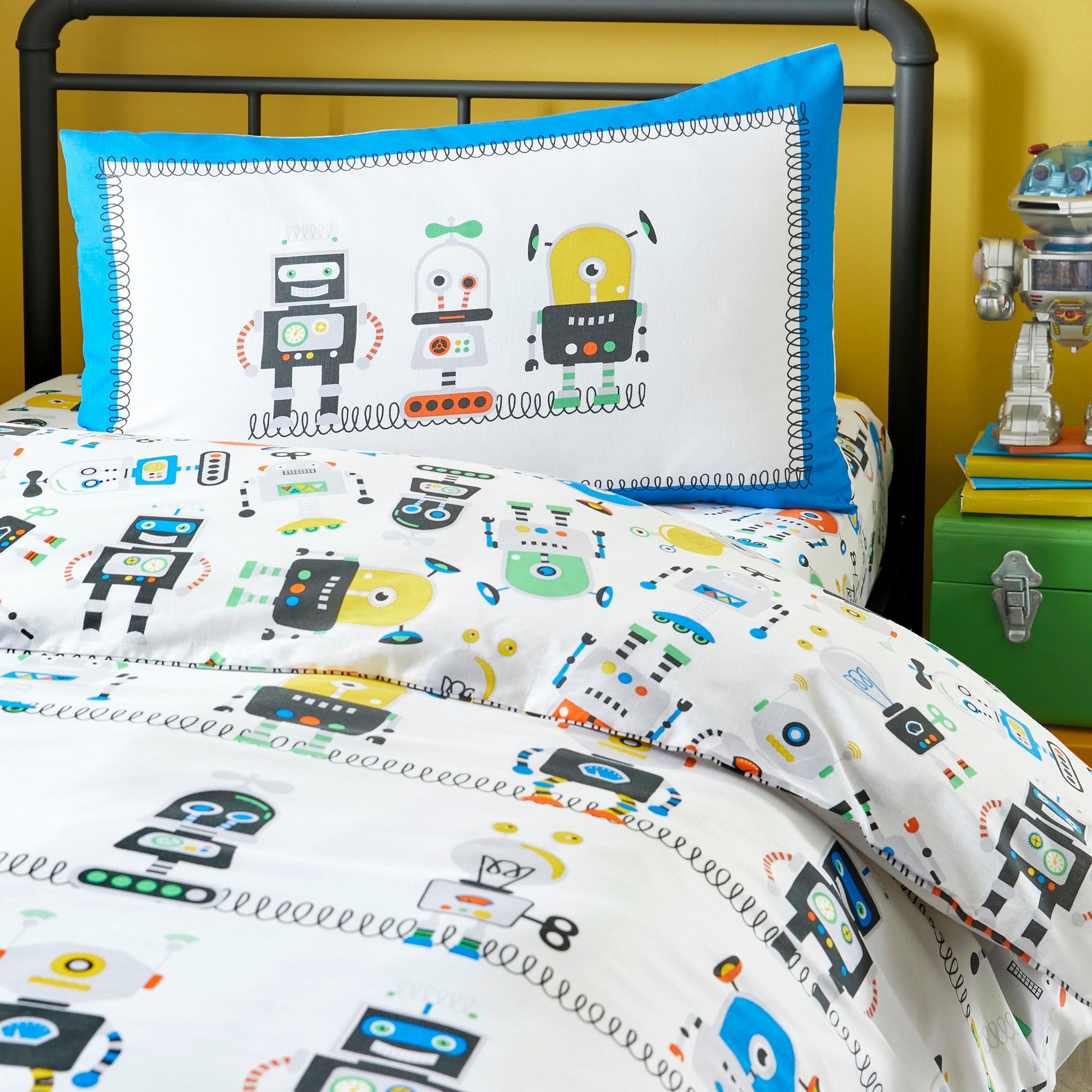 Robots - Kids Duvet Cover Set, Curtains & Fitted Sheets in Blue - by Bedlam