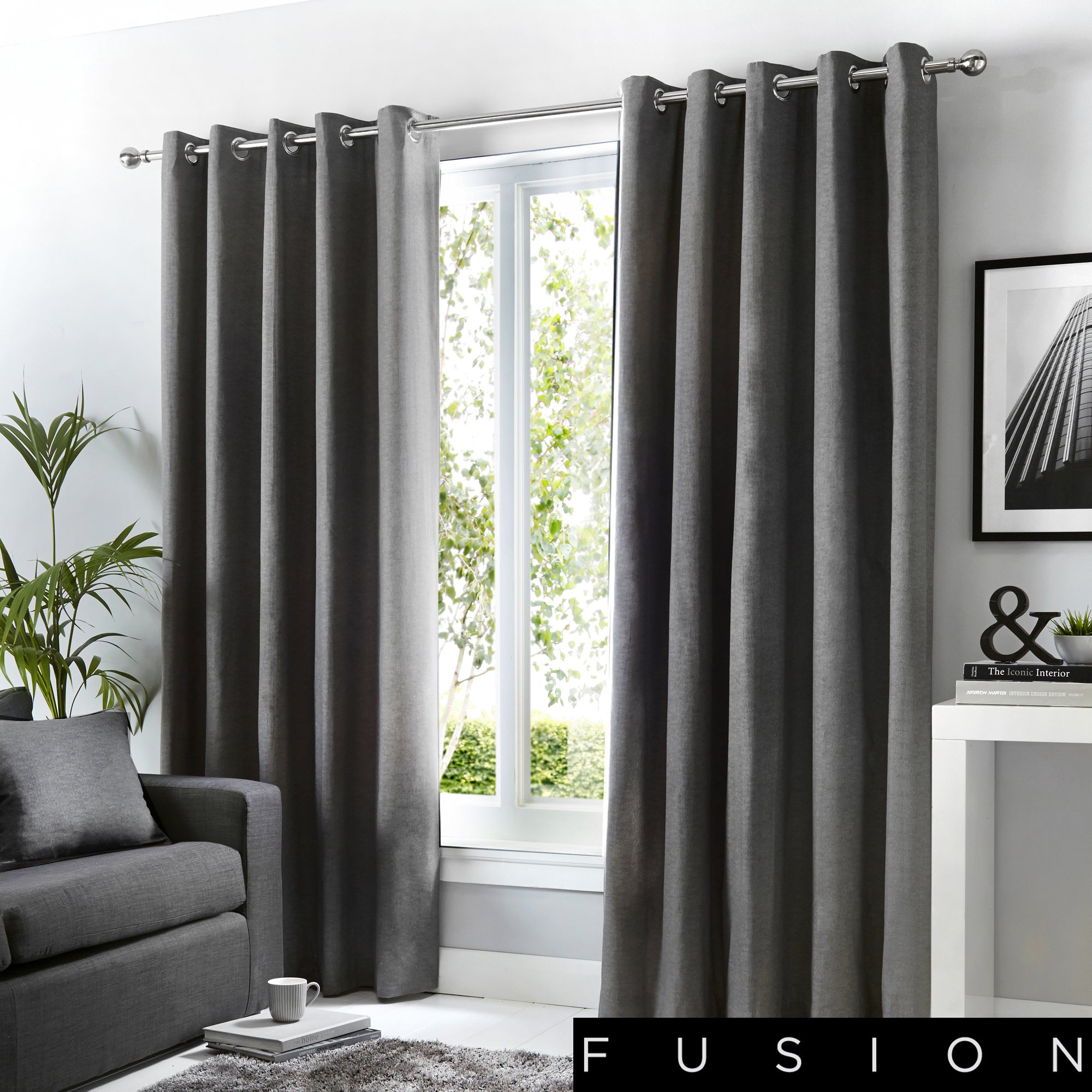 Sorbonne - 100% Cotton Lined Eyelet Curtains in Charcoal - by Fusion